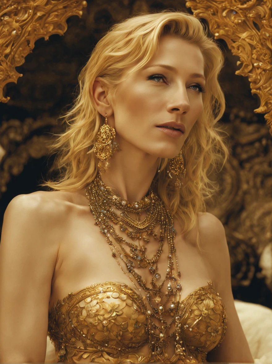 (cate blanchett, 30 years old woman), is a bikini clad seductress with many jewels on golden chains accentuating her curves, lots of alluring henna body paint, in a Conan movie, she is on a moonlit beach with a lavish silken bed and jewel pavilion, she is walking past the viewer and looking back over her shoulder, mesmerizing, hypnotic, alluring, zoom out, show entire body, show all of her, no nudity, safe for work, proper anatomy, double check anatomy