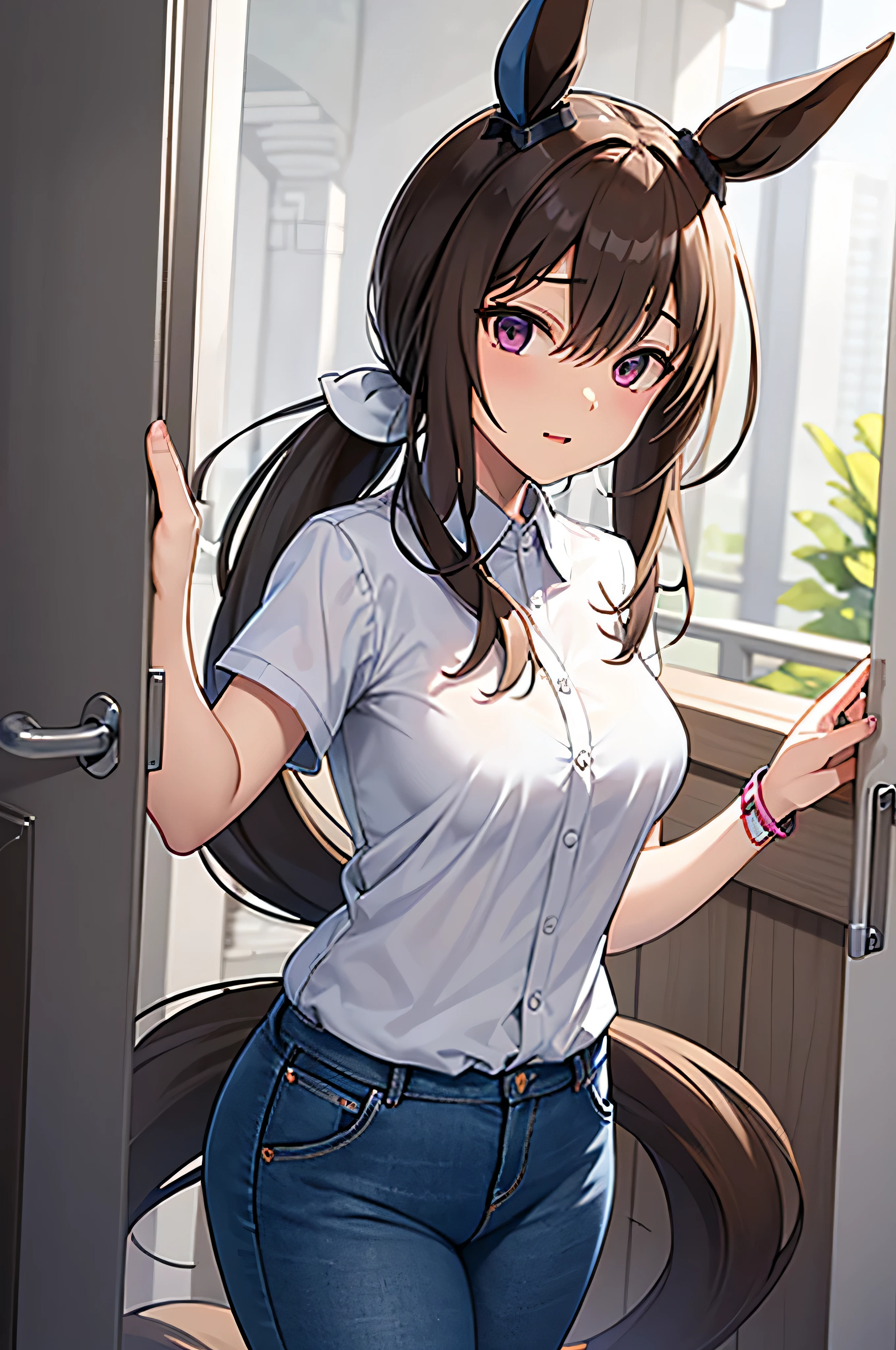 highest quality、Uma Musume、Admire Vega、white shirt、black jean skirt、open the door、horse ears、long hair、ponytail、horse tail、右のhorse earsに青いカバー、gentle expression