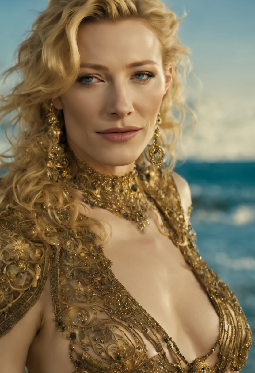 (cate blanchett, 30 years old woman), is a bikini clad seductress with many jewels on golden chains accentuating her curves, lots of alluring henna body paint, in a Conan movie, she is on a moonlit beach with a lavish silken bed and jewel pavilion, she is walking past the viewer and looking back over her shoulder, mesmerizing, hypnotic, alluring, zoom out, show entire body, show all of her, no nudity, safe for work, proper anatomy, double check anatomy