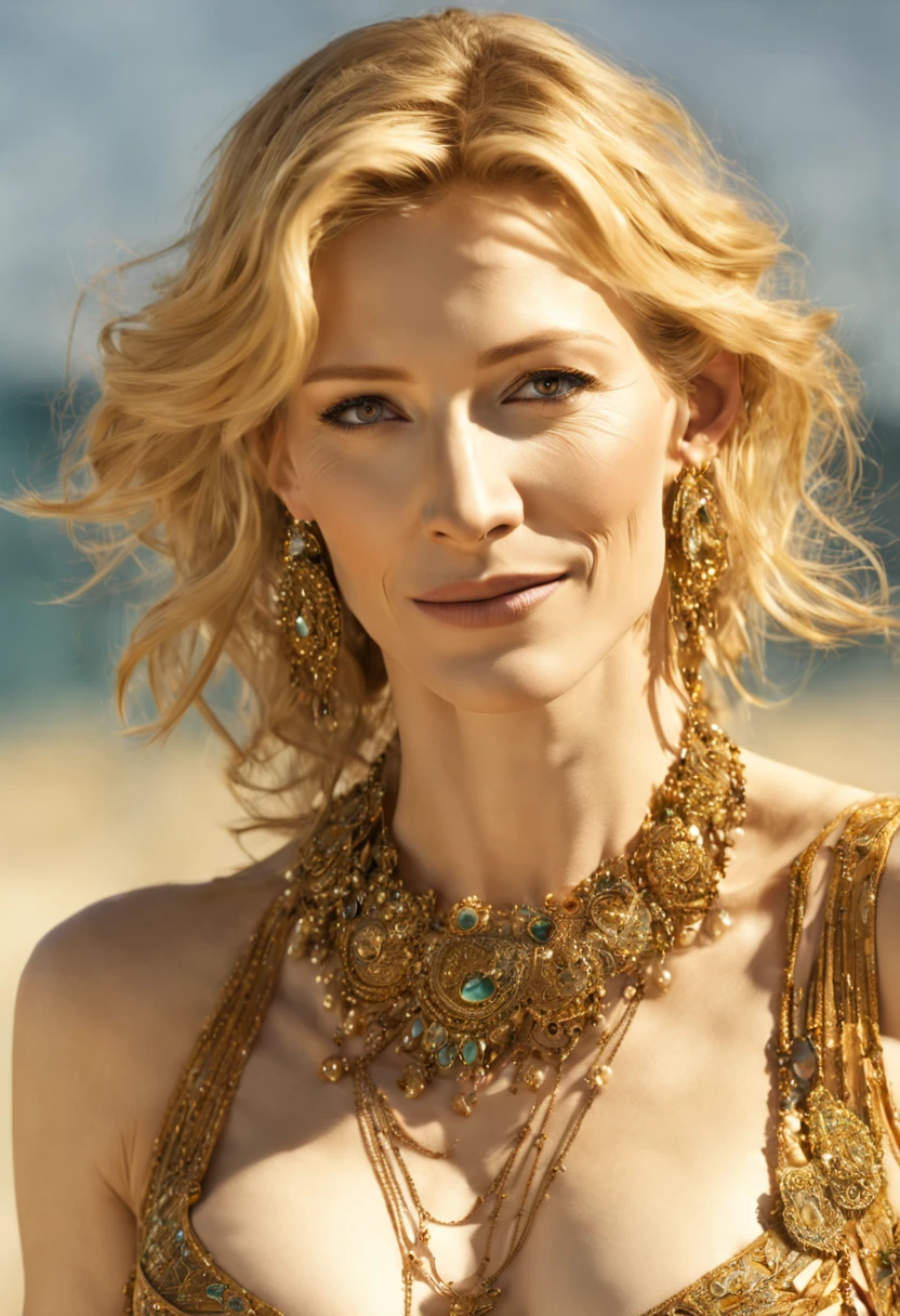 (cate blanchett, 30 years old woman), is a bikini clad seductress with many jewels on golden chains accentuating her curves, lots of alluring henna body paint, in a Conan movie, she is on a moonlit beach with a lavish silken bed and jewel pavilion, she is walking past the viewer and looking back over her shoulder, mesmerizing, hypnotic, alluring, zoom out, show entire body, show all of her, no nudity, safe for work, proper anatomy, double check anatomy