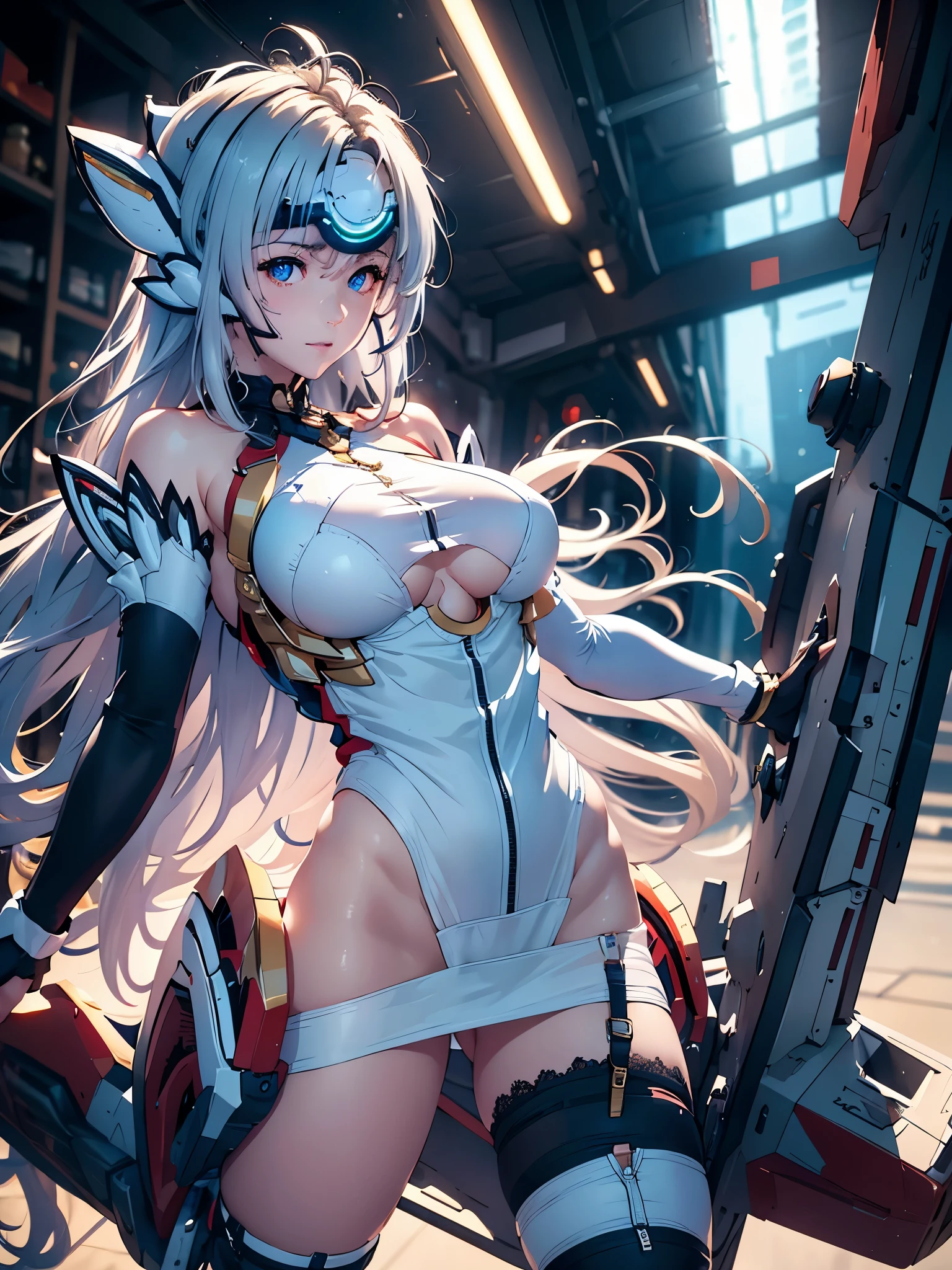 (masterpiece:1.3), (8K、photorealistic, Raw photo, best quality:1.4), (solo), one girl, (((kos-mos))), beautiful face, Beautiful face with perfect symmetry, cute face, (smile), (beautiful light blue long hair), With bangs, There is a visor on the forehead, beautiful purple eyes, perfect anatomy, (high detail skin: 1.2), natural breast, beautiful thighs, Natural buttocks, white costume, mini skirt, costume with open chest, outer space, (Inside the spacecraft), ((lean forward and look into the camera's viewfinder)), perfect lighting, focus only, perfect anatomy,Front view,