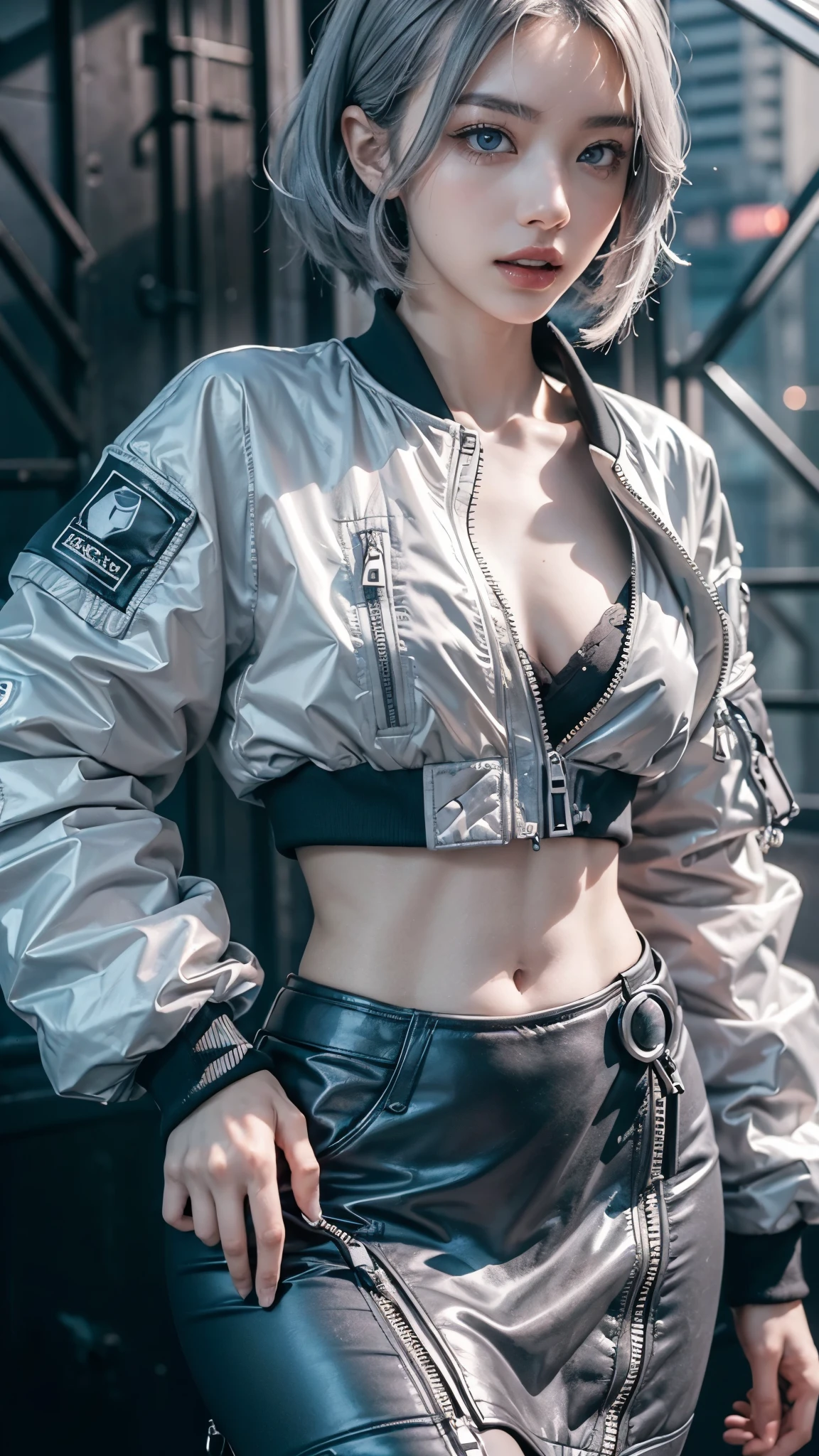 (anime:1.3), (all body shot, fashion portrait:1.6), ultra detailed, beautiful, masterpiece, best quality, _ BREAK (1girl:1.2), 22 years old, 160 cm, Japanese cute model, (Tightened all body, medium Breasts:1.4), small head, small face, diamond Face, small nose, Sharp Faceline, young hands and fingers, beautiful hands and fingers, five fingers, _ BREAK (Glossy Lips:1.3), (Light color lips, Half open mouth, beautiful Teeth:1.2), (dropy eyes, Double eyelid, light color eyes:1.4), _ BREAK (arranged hairstyle:1.3), (gray hair:1.3), _ BREAK (gray background:1.4), Fog, mist, _ BREAK (wide angle,all body shot:1.6), (standing:1.3), (cool model posing:1.4), (from front white lightning), BREAK (Geometric Cyber punk theme:1.6), (black and white theme:1.4), (turtle neck:1.2), (Soft nylon oversize Bomber jacket:1.5), (Wide, short, baggy jacket:1.2), (1/4 short Length jacket:1.2), (Wide hem:1.2), (Close the zipper:1.2), BREAK (low Waist casual A-line maximum Mermaid skirt:1.4),(perfect and Detailed wear:1.4), (Cyber punk hi cut technical Sneaker:1.4), (A lot of cyberpunk accessories:1.4), (Perfect Abstract art background:1.4),