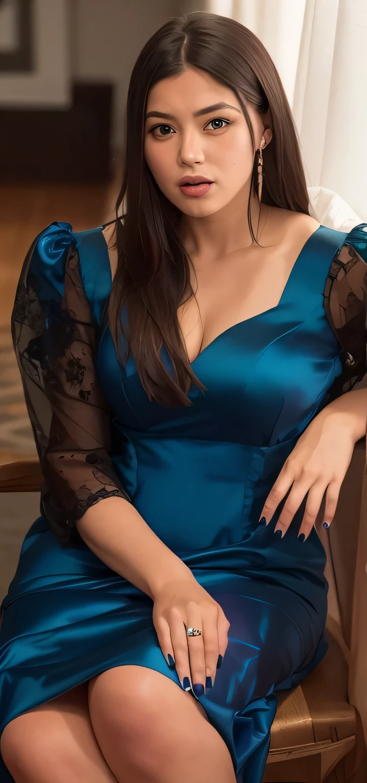 Professional, High level of detail, close up photo (attractive mature 45yo woman:1.3),ray tracing, natural lighting, (blushing:1.1 ), (classy, elegant, dandy)1.2, (red colour), (((round breast))), ( breast covered) perfect face, (((medium breast,))), blue long satin dress, necklace, (((glasses, covered, long veil))), Slim Face,(mature) , Pretty Lady,  smile eyes, (big breast covered) , see full image, bracelet, (cross-legged in kitchen)