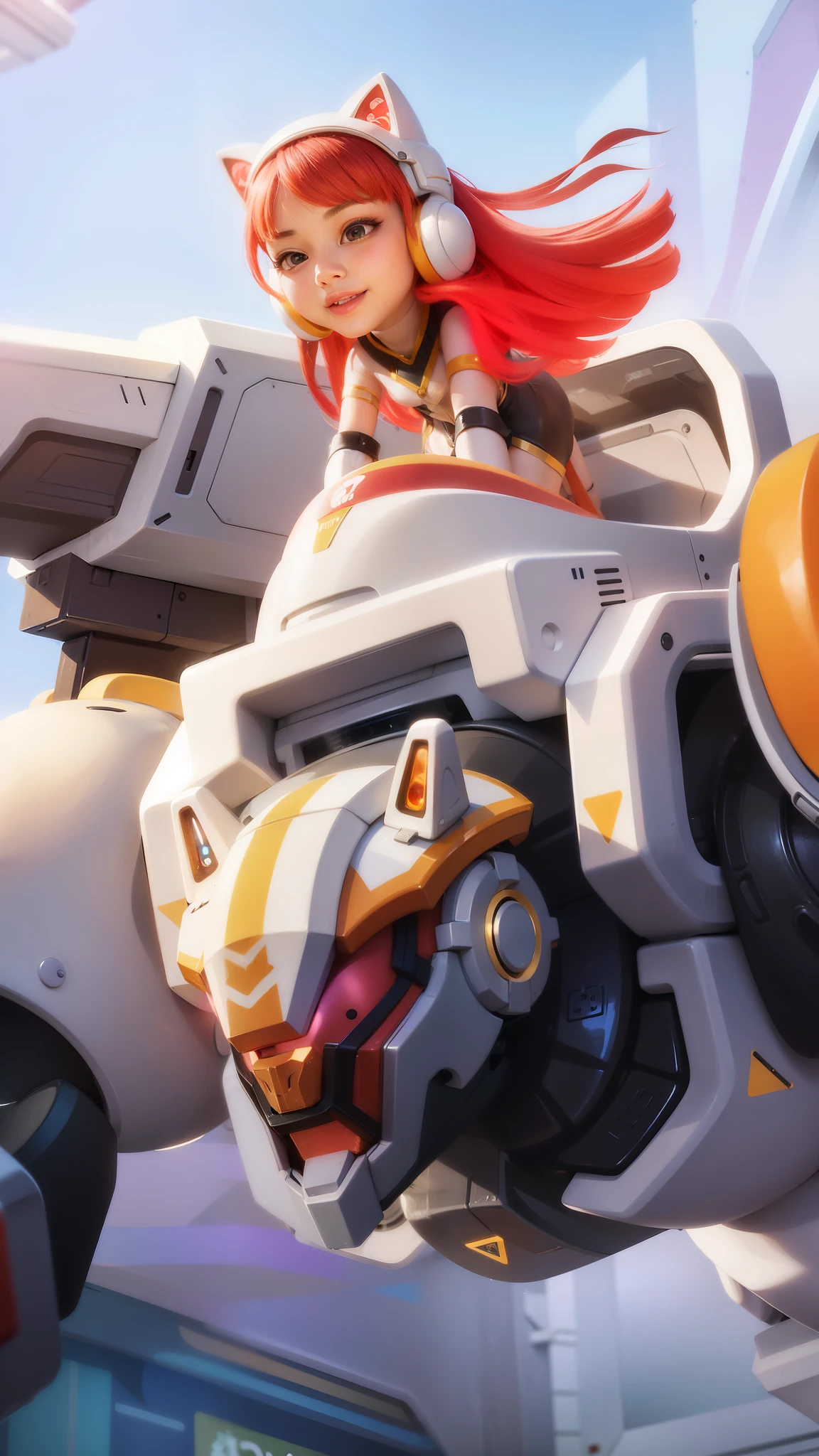 (8k, best quality, masterpiece:1.2), (realistic, photo-realistic:1.37), ultra-detailed, 1 girl, cute, solo, beautiful detailed sky, detailed cafe, night, sitting, dating, (nose blush), (smile:1.15), beautiful detailed eyes, (collared shirt:1.1), night, wet, business attire, rain, white lace, (short hair:1.2), floating hair NovaFrogStyle, cute face, A with red hair riding a big humanoid robots,cat headphone, futuristic era, colorful, Future city, ultra details, Best quality, a future age potrait, masterpiece, realistic, 8k, high resolution.