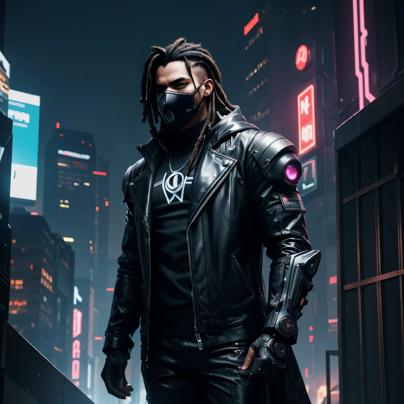 Homme noire, sweat à capuche, dreadlocks, cheveux blancs, latex, sur le toit, Android, néons, Cyberpunk city, hyper réaliste, meilleure qualité, mécha, androïde, Cyberpunk, Cyber, Science-fiction, Cyber armor, Style évangélique, Cyber arm, corps musclé, Cyber gaz mask on, holding a Cyber gun, Futuristic Cyberpunk city,