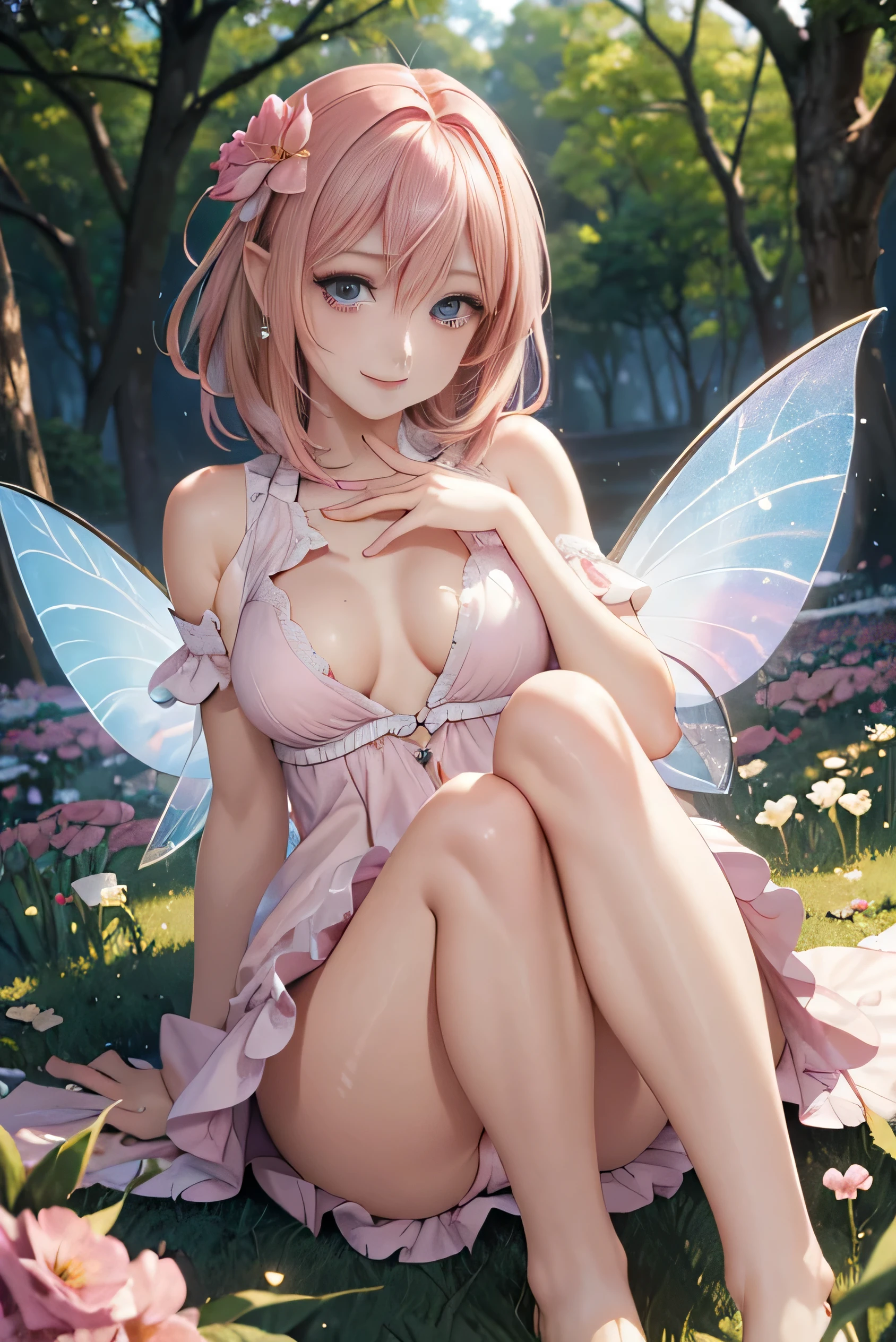 (photorealistic:1.8, highest quality:1.8,8K masterpiece:1.8,High resolution,muste piece:1.8),fantasy world,Fairy 15cm tall,(Transparent wings on the back that glow beautifully、floating in the air、tight mini dress、Transparent Shawl、delicate hair ornament、Elegant earrings、choker),blue eyes,detailed eyes:1.7,double eyelid:1.6,detailed eyes:1.8,beautiful skin:1.8, (looking at the camera:1.2),(View from the front:1.3),( Medium Hair:1.2,beautiful shining pink hair:1.5), expression(Impish Smile:1.3,face turns red:1.3),(Moderate chest:1.3),Pause(Seductive pose:1.5),background(spring scenery,Psychedelic fairy forest with blooming flowers),(detailed perfect face),anatomically correct,normal hands:1.5,normal finger:1:5,normal feet:1.5,(cameltoe),deformation、deformationなし、No arm loss、No extra arms、No mutated hands、No extra legs、no bad moves,No hand deformity、No missing limbs、No floating limbs、No limb amputation、No extra fingers、no bad fingers、liquid fingerless、bad fingerless、No missing fingers、No extra fingers、less fingers