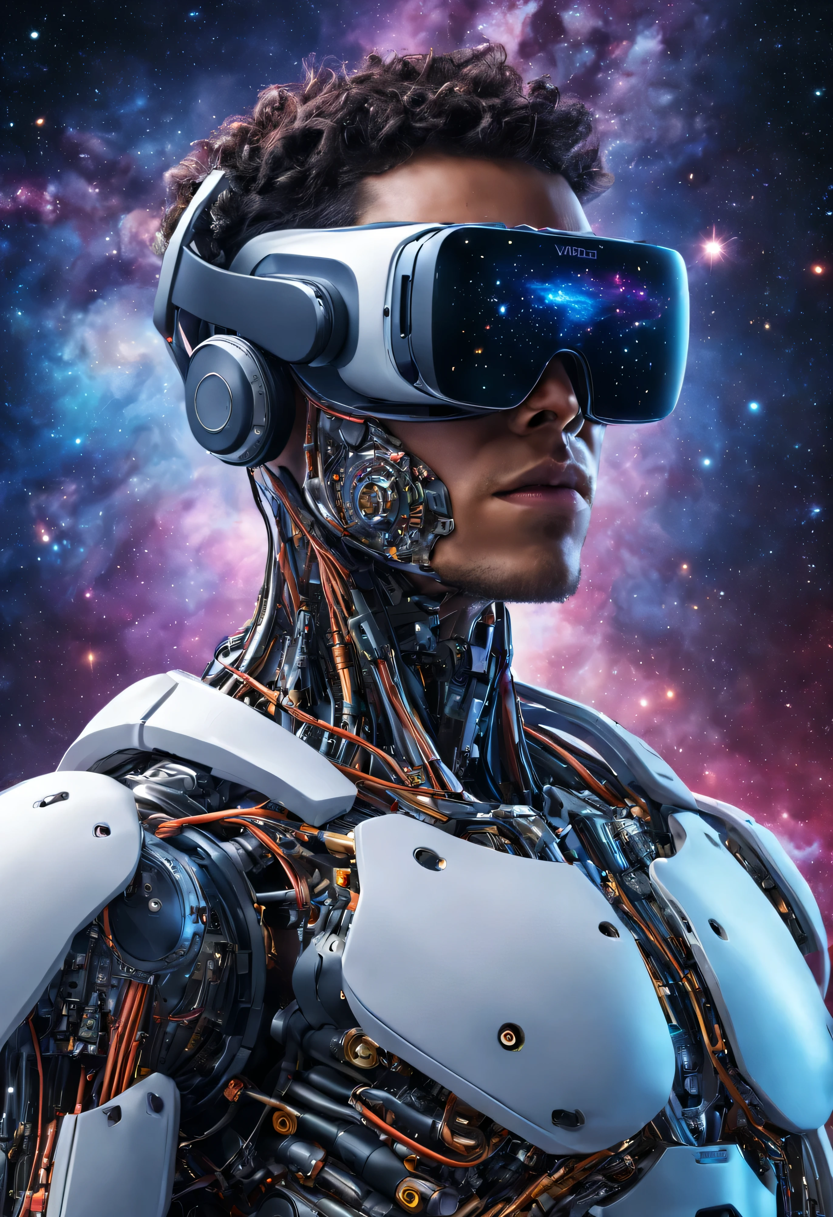 Cyborg flotando en el ciberespacio usando gafas VR, Ultra detallado,Sharp focus, high resolution,Obra maestra:1.2,vivid colors, centered illustration en el fondo espacial de circuitos electrónicos entre estrellas y galaxias..centered illustration