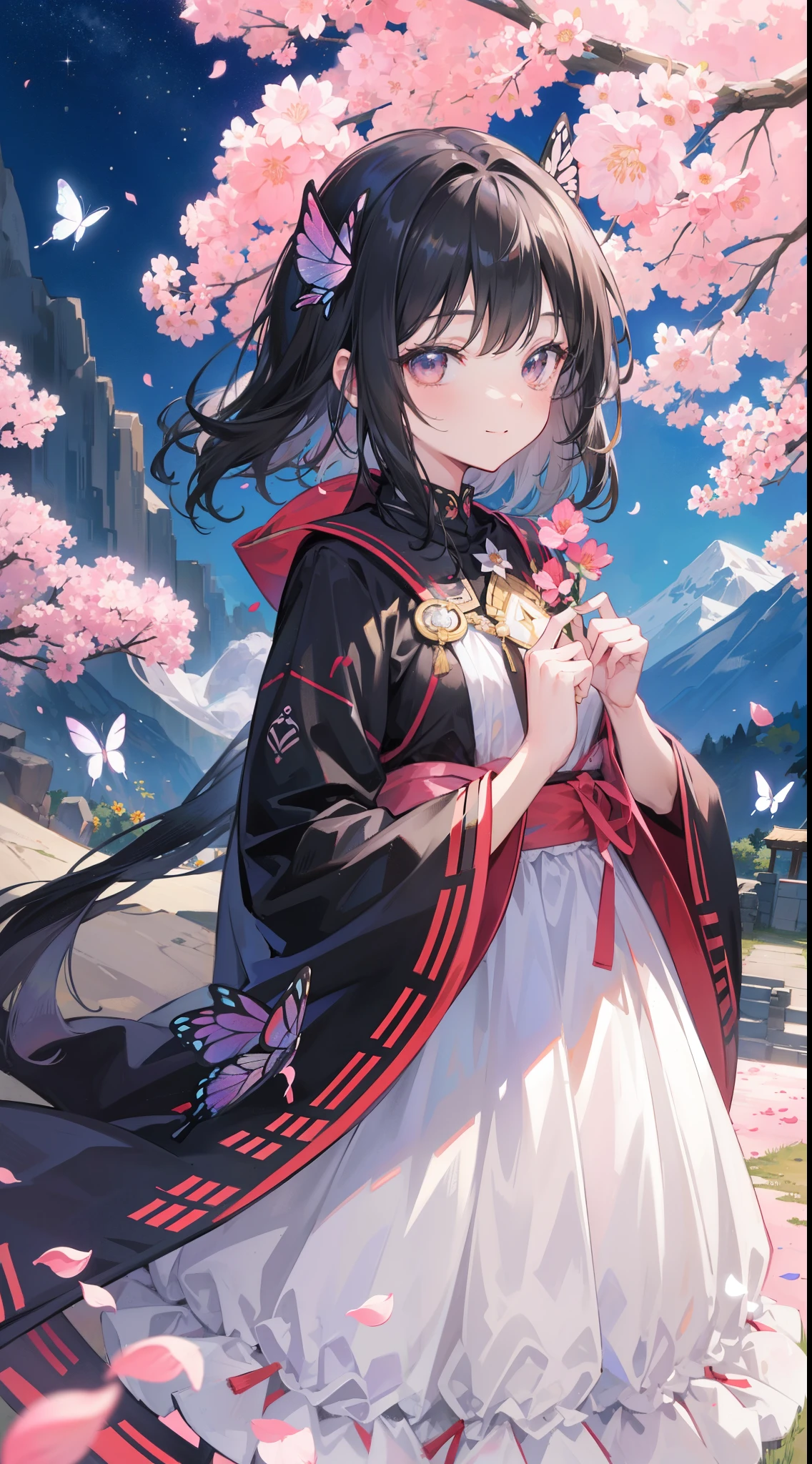(32k), (highest quality, masterpiece),(1 girl, Miko, coat, expression face, black eye, look at the front ,black hair, walk, Upper body), (stray sky at night, huge old tree in the back, Shining pink petals fall behind, shrine in the back, mountain background, blowing wind, meteor cloud), (cute smile), (32k), (beautiful cute girl), (butterfly ornament), (butterfly dress), ((many butterflies)), (((background of many flowers
))), (((bright background))), (beautiful world), (cute world), smile,