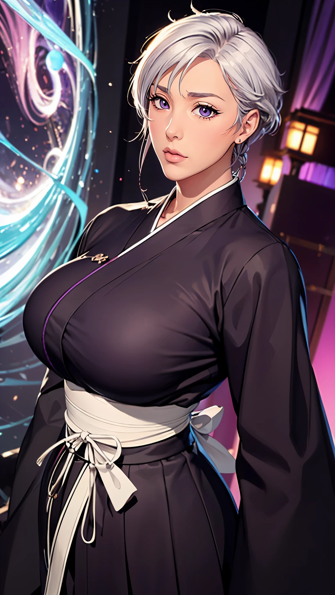 （（（完美figure，figure，long sleeves, japanese clothes, kimono, haori, black kimono, hakama, black hakama,（（（isane kotetsu, short hair, braid, white hair, (purple eyes:1.1), hair braid, ））），（（（wide hips））），S型figure:1.7））），((masterpiece)),high resolution, ((Best quality at best))，masterpiece，quality，Best quality，（（（ Exquisite facial features，looking at the audience,There is light in the eyes，blush，Happy））），（（（Interlacing of light and shadow，huge ））），（（（looking into camera，fighting stance，Ghost Road，glow，from below，look up）））