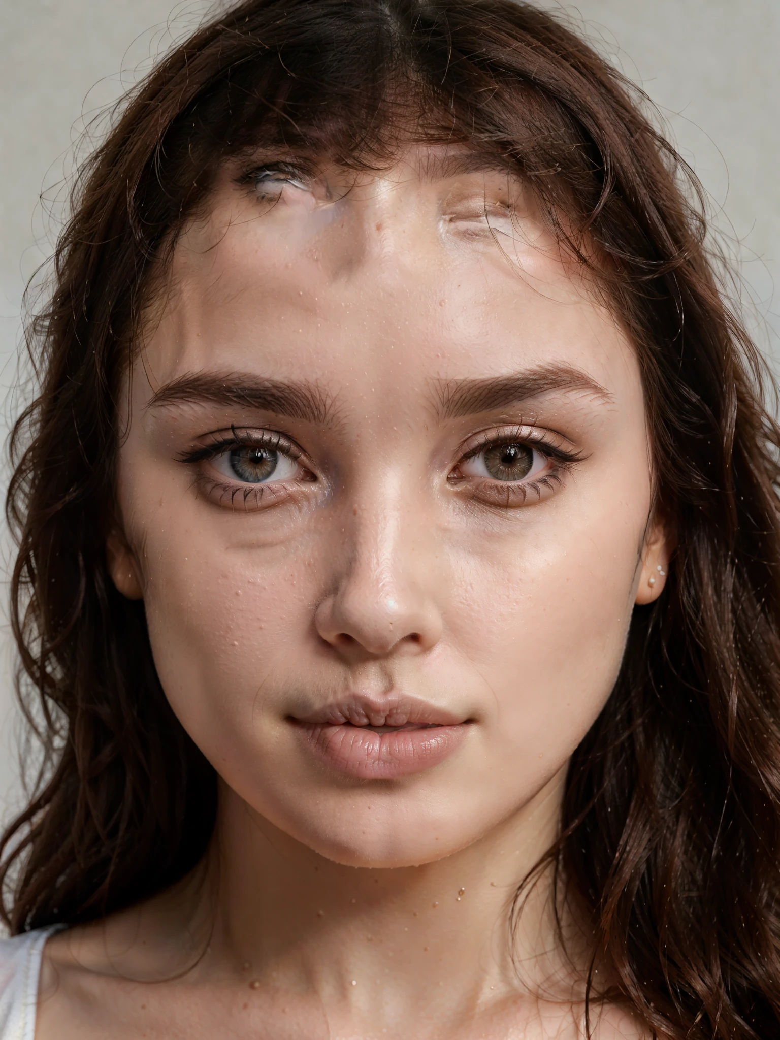 arafed woman with wet hair and a white top posing for a picture, soft portrait shot 8 k, close-up perfect face, full face close up portrait, beautiful fine face features, portrait sophie mudd, detailed flawless face, perfect face and eyes, detailed perfect face, full - face close - up portrait, brown hair and large eyes, perfect face model