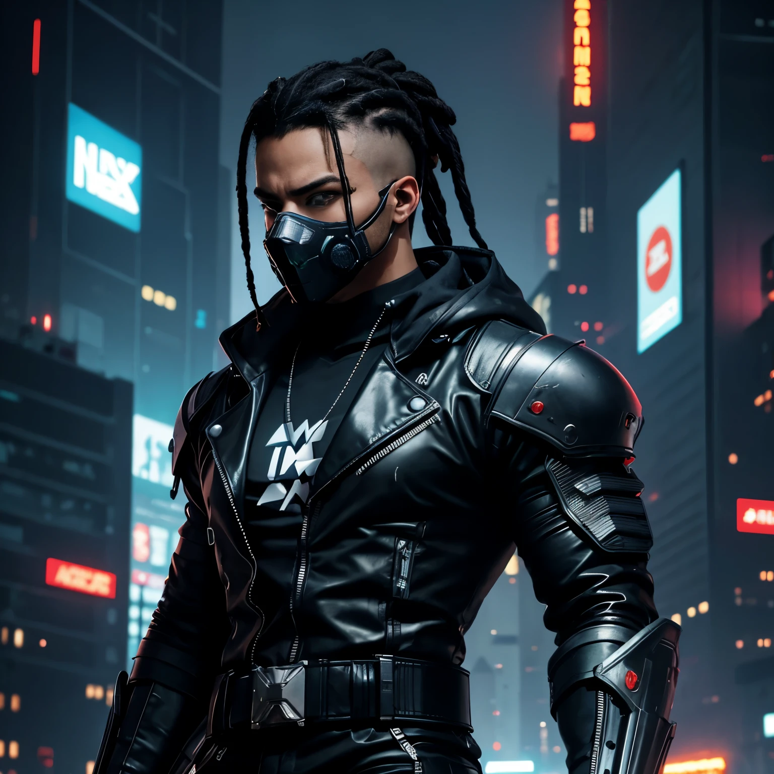 Homme noire, sweat à capuche, dreadlocks, cheveux blancs, latex, sur le toit, Android, néons, Cyberpunk city, hyper réaliste, meilleure qualité, mécha, androïde, Cyberpunk, Cyber, Science-fiction, Cyber armor, Style évangélique, Cyber arm, corps musclé, Cyber gaz mask on, holding a Cyber gun, Futuristic Cyberpunk city, 