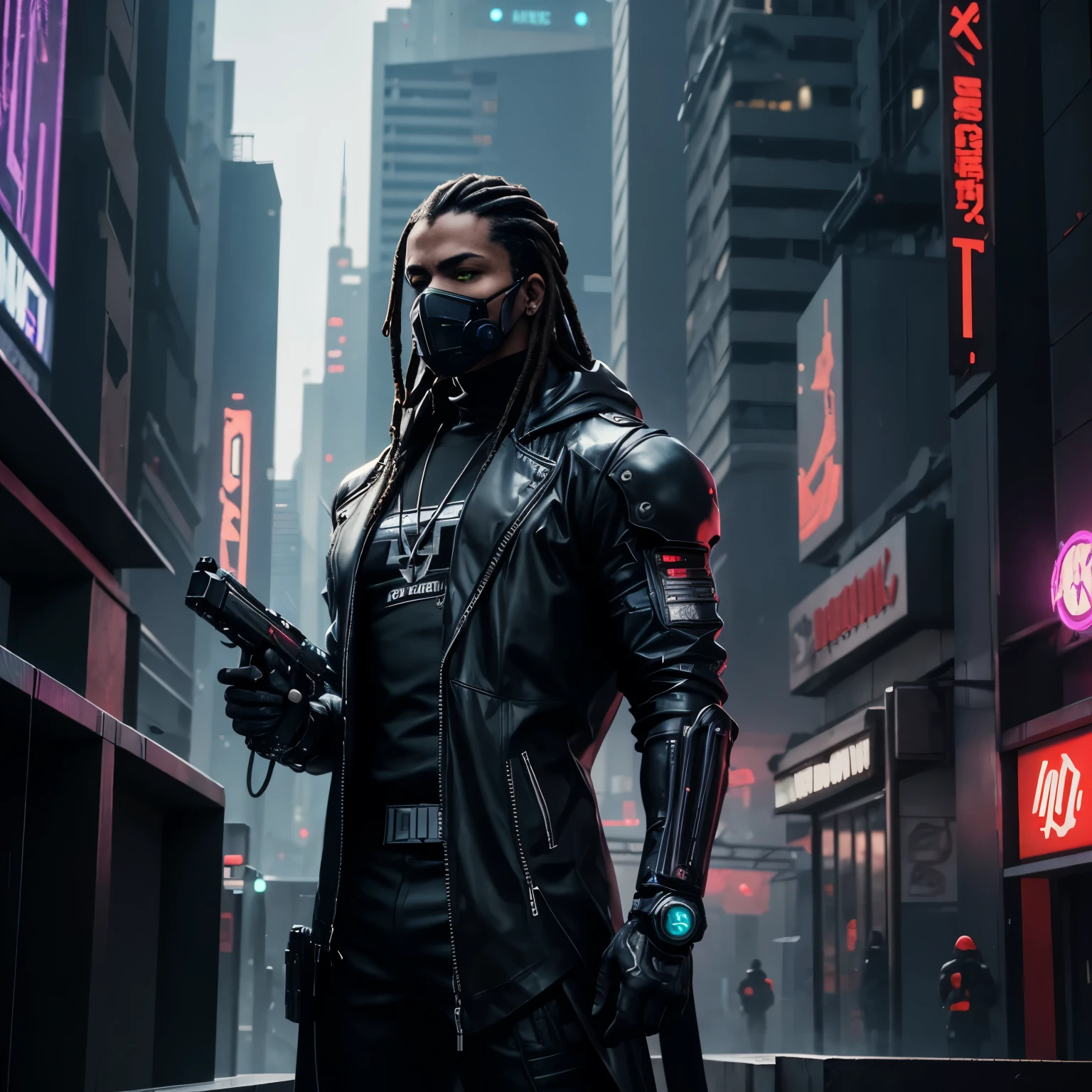 Homme noire, sweat à capuche, dreadlocks, cheveux blancs, latex, sur le toit, Android, néons, Cyberpunk city, hyper réaliste, meilleure qualité, mécha, androïde, Cyberpunk, Cyber, Science-fiction, Cyber armor, Style évangélique, Cyber arm, corps musclé, Cyber gaz mask on, holding a Cyber gun, Futuristic Cyberpunk city,