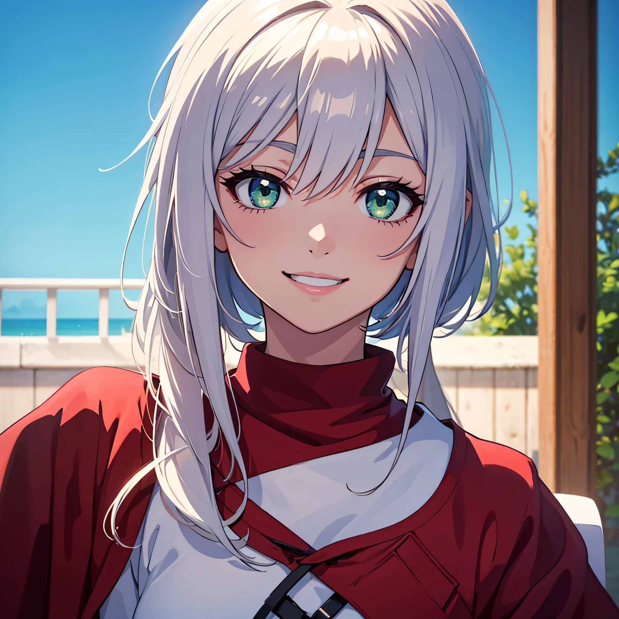 Anime girl with white hair and green eyes looking at camera smiling, pelo medio corto、Anime CG arte suave, Anime estilo 3D, anime style. 8k, Render fotorrealista de Anime Girl, Hecho con Anime Painter Studio, soft anime illustration, Retrato realista kawaii, Estilo realista de anime 3D, Anime detallado Soft Face, Render de una linda chica de anime 3D, Retrato suave, Anime estilizado、(fondo blanco:1.4), (Calidad de imagen superior),(obra maestra:1.1),(Fondo de pantalla 8k unificado CG ultrafino), (colorido:1.2), (salpicaduras de color),((Paiting de acuarela)), Sharp focus (medium close up camera shot) ((smiling)) (cantante)