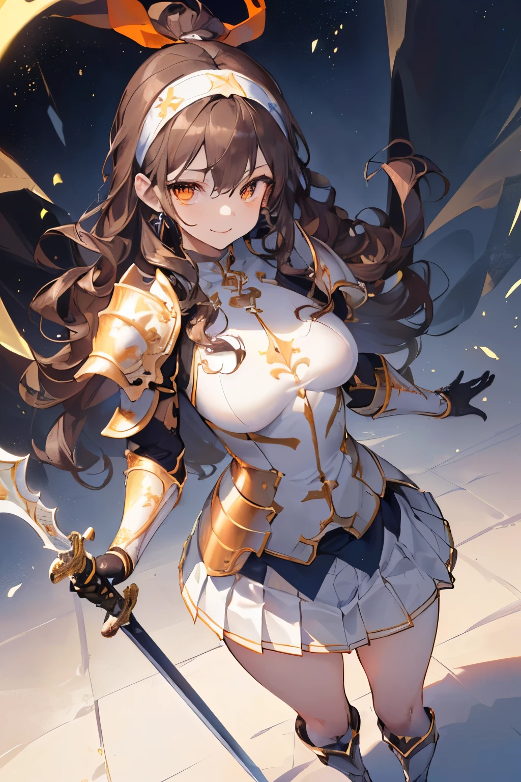 (((1girl))), ((best quality)), ((masterpiece)), ((ultra-detailed)), (illustration), (detailed light), (an extremely delicate and beautiful), (beautiful detailed eyes), (sunlight), ((extremely light)),  ((extremely clothes)), (((hyper detail))),(((((front lighting))))),(((((front light))))),

((((quite adorable and full-armor with a pleated skirt and headband)))), 
((((Paladin)))),
, 

(((wavy long hair))), ((((dark brown hair)))),  ((((long hair)))),
(((deep orange eyes))),

((((whole body)))), aged 5 to 8, ((((())))), ((((very adorable young girl)))),
((condescending expression)), ((mischievous smile with sexual satisfaction)),  (((extra adorable))), (((((extra slender shape))))), 
(((((extremely beautiful detailed face))))), 
(((bravely standing with a long-sword))),
 (((elegant boots))),

(Dutch angle), (((elegant gloves))), ((transparent magical underskirt)), ((a little bit exposed adorable magical panties))