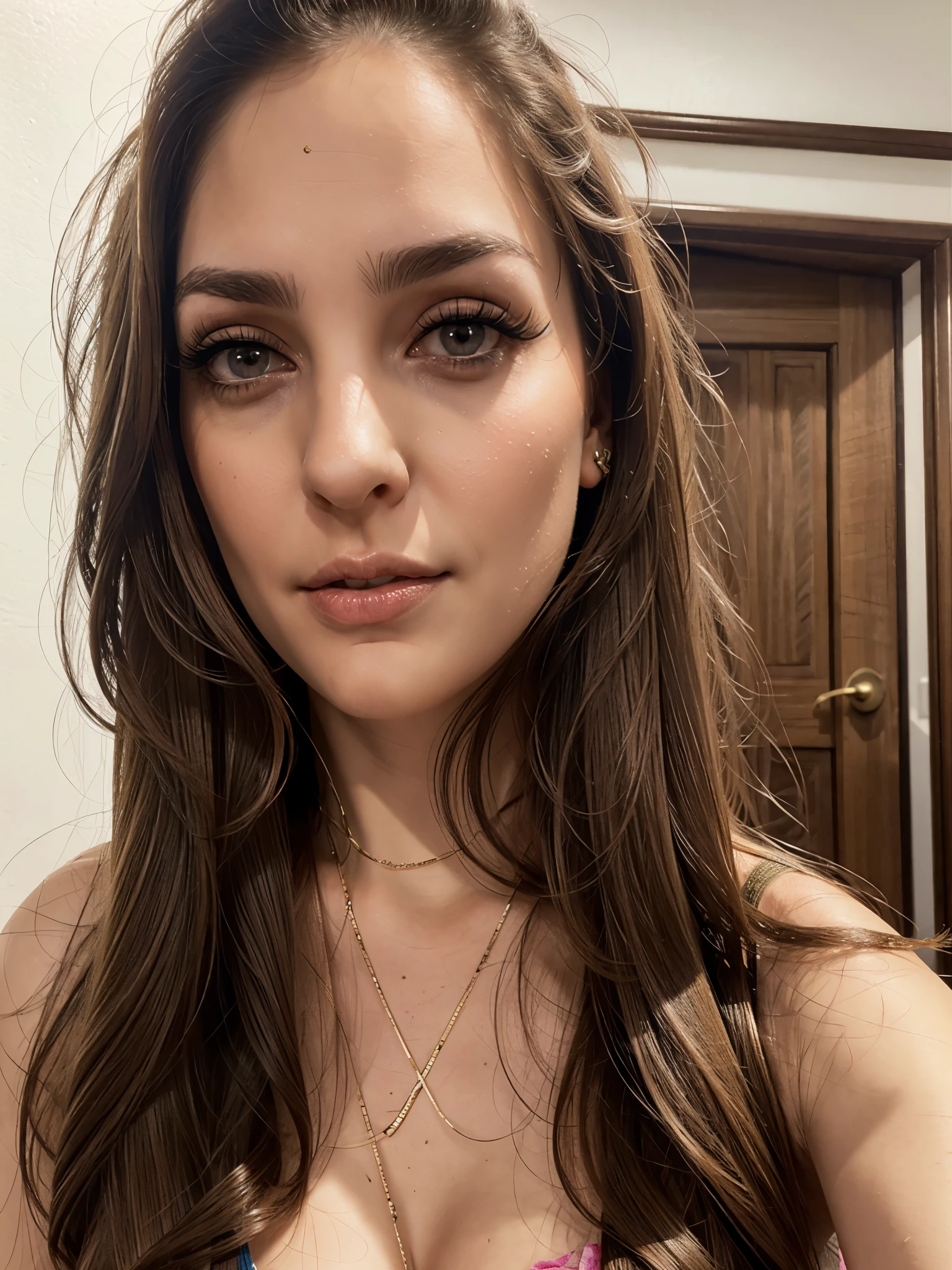 Beautiful italian woman with distinguished eyes, brown eyes, realistic eyes, realistic nose, realistic ears, realistic hair, realistic skin, clean skin, realistic portrait, HDR, 4K, realistic eyebrows, realistic long eyelashes, realistic full lips