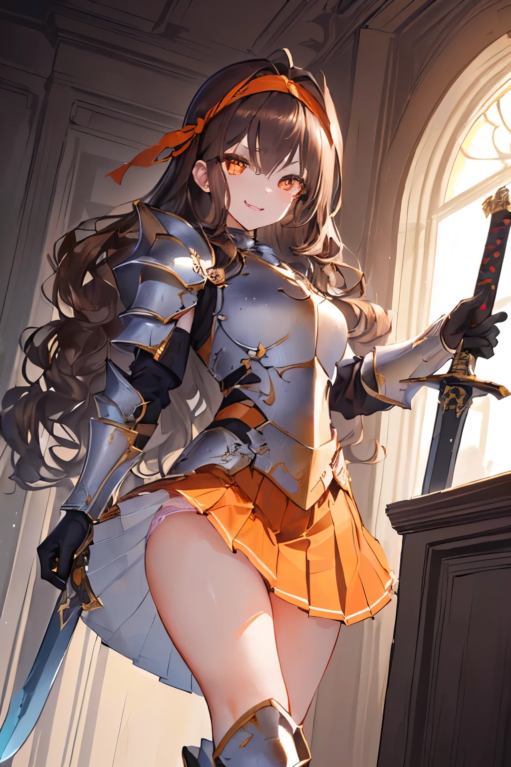 (((1girl))), ((best quality)), ((masterpiece)), ((ultra-detailed)), (illustration), (detailed light), (an extremely delicate and beautiful), (beautiful detailed eyes), (sunlight), ((extremely light)), ((extremely clothes)), (((hyper detail))),(((((front lighting))))),(((((front light))))),
((((quite adorable and full-armor with a pleated skirt and headband)))),
((((Paladin)))),
,
(((wavy long hair))), ((((dark brown hair)))), ((((long hair)))),
(((deep orange eyes))),
((((whole body)))), aged 5 8, ((((())))), ((((very adorable young girl)))),
((condescending expression)), ((mischievous smile with sexual satisfaction)), (((extra adorable))), (((((extra slender shape))))),
(((((extremely beautiful detailed face))))),
(((bravely standing with a long-sword))),
(((elegant boots))),
(Dutch angle), (((elegant gloves))), ((transparent magical underskirt)), ((a little bit exposed adorable magical panties))