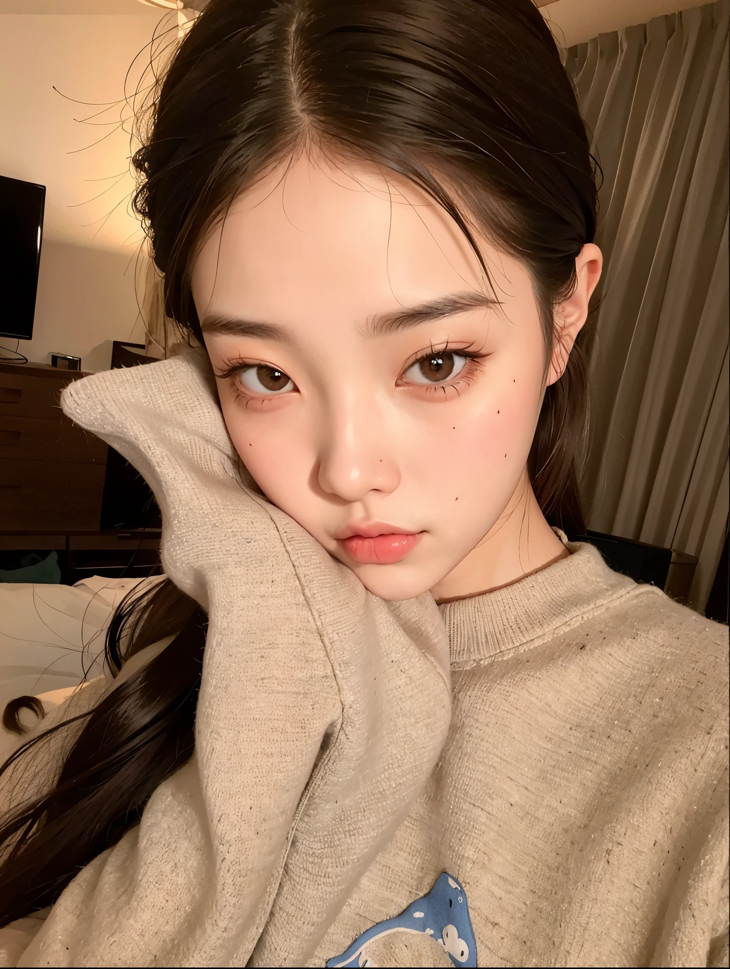 Arafed woman with long hair and a gray sweater posing for a photo., jennie rosa negro, heonhwa choe, joven y adorable rostro coreano, pale korean adorable face, con cara linda - fina, ulzzang, ella tiene una cara linda, Jinyoung Shin, jaeyeon nam, aparcar desde-min, con mejillas redondas, lee ji - eun