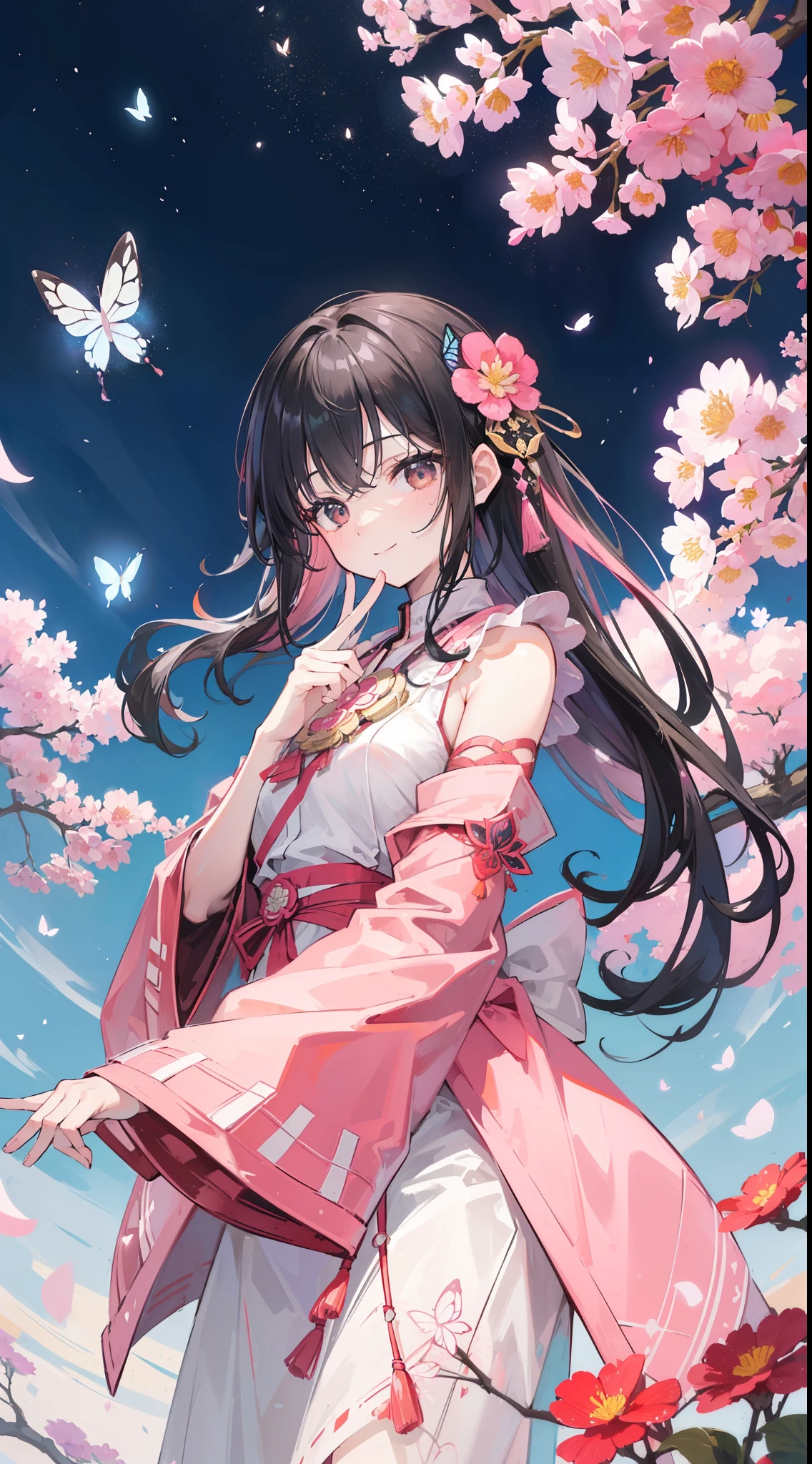 (32k), (highest quality, masterpiece),(1 girl, Miko, coat, expression face, black eye, look at the front ,black hair, walk, Upper body), (stray sky at night, huge old tree in the back, Shining pink petals fall behind, shrine in the back, mountain background, blowing wind, meteor cloud), (cute smile), (32k), (beautiful cute girl), (butterfly ornament), (butterfly dress), ((many butterflies)), (((background of many flowers
))), (((bright background))), (beautiful world), (cute world), smile, 