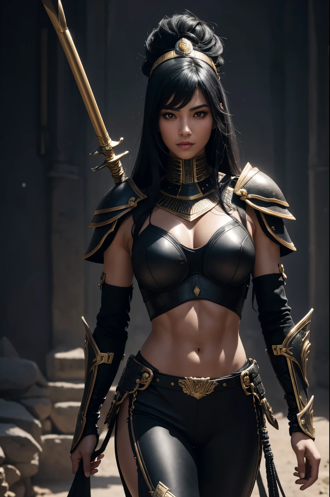 8k,Egyptian female warrior with normal breasts,super beautiful(like the real thing),黒い非常にbig胸部装甲,realistic skin,luxury black pants,big, long black spear,red and white tattoos all over the body(largely),sexy,muscular slim body,ripped abs,black shoulder armor,black waist armor,Black leg armor,masterpiece,Photorealistic RAW photos of the highest quality。bright colors,rich colors, Backlight, cinematic lighting, film grain, to be born, 50mm lens, Nikon D850,realistic skin,fantasy art,character art,Close-up,ultra high resolution,desert, surreal,egyptian goddess,dynamic pose,action scene,fighting pose,