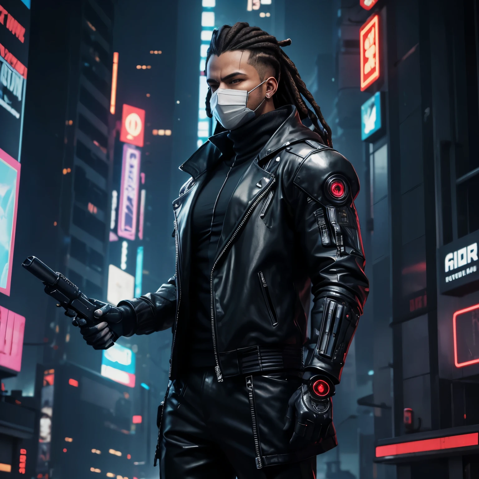Homme noire, sweat à capuche, dreadlocks, cheveux blancs, latex, sur le toit, Android, néons, Cyberpunk city, hyper réaliste, meilleure qualité, mécha, androïde, Cyberpunk, Cyber, Science-fiction, Cyber armor, Style évangélique, Cyber arm, corps musclé, Cyber gaz mask on, holding a Cyber gun, Futuristic Cyberpunk city,