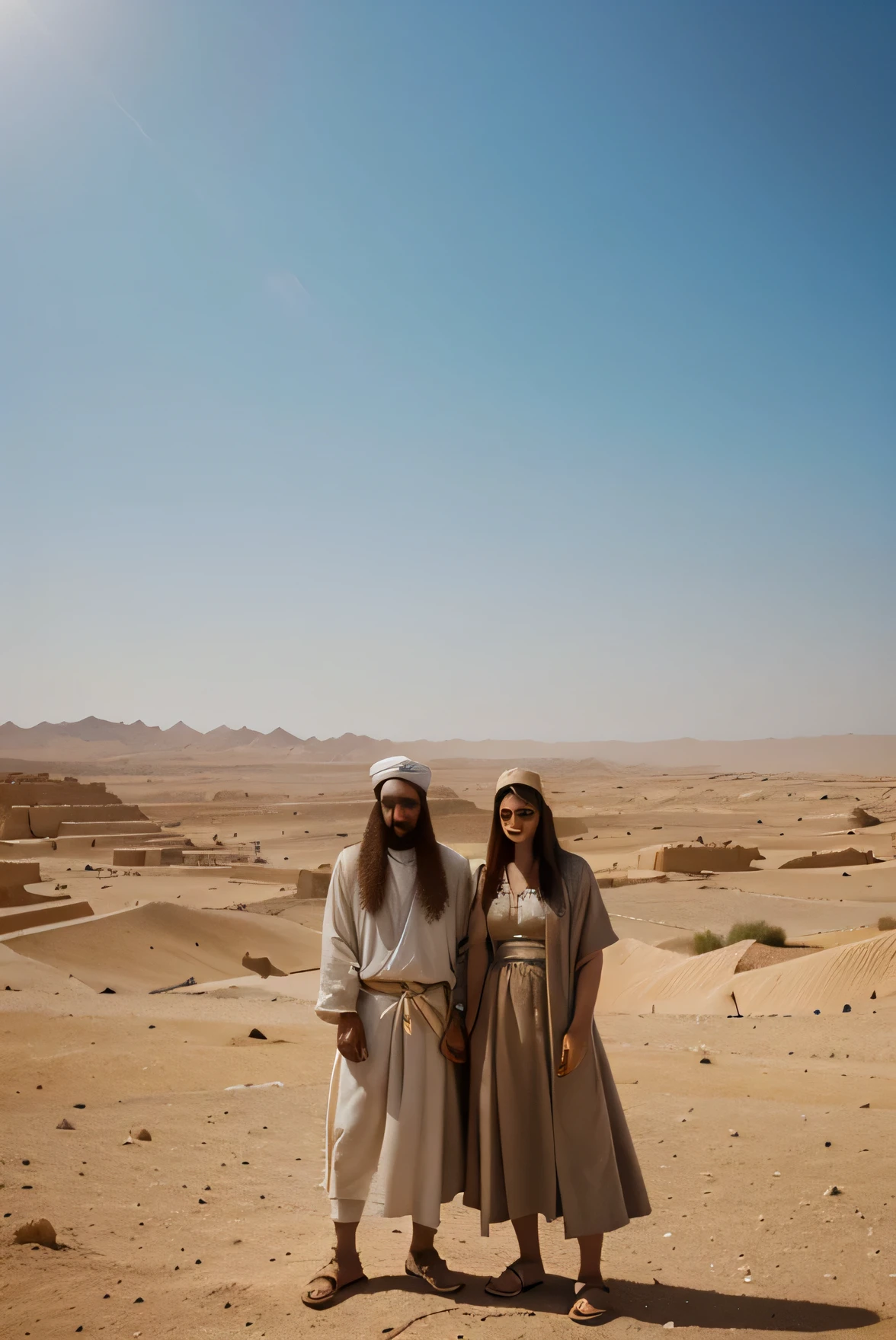 create an image of Miria and Moses, Biblical period, typical clothes of the time, a background image of the Egyptian desert and the Nile River, em formato paisagem
