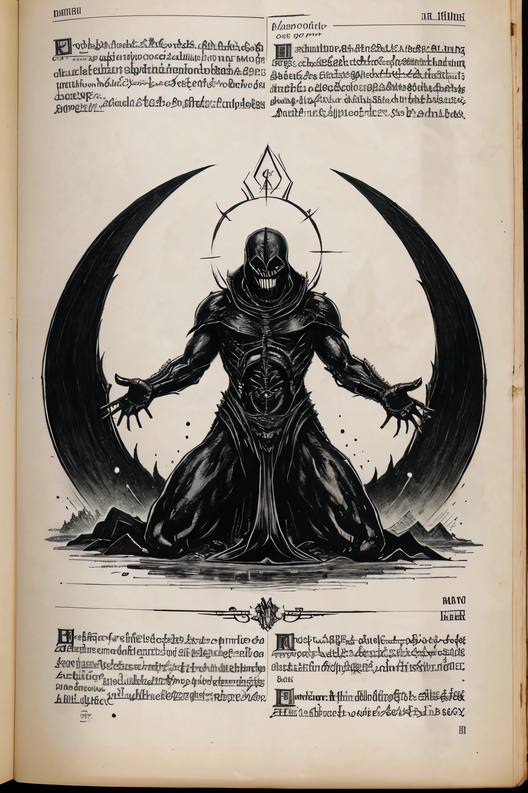 drawing on yellowish paper, ominous symbols, Sinister creature, beyond consciousness, defy logic, Black lines, description in unknown language, call page, boundless horror, sketch illustration of dangerous abomination, description of the summoning ritual, a page from the Necronomicon, black-and-white drawing, entire page in unknown horror symbols, page of the book of the dead, old book, yellow page from old age