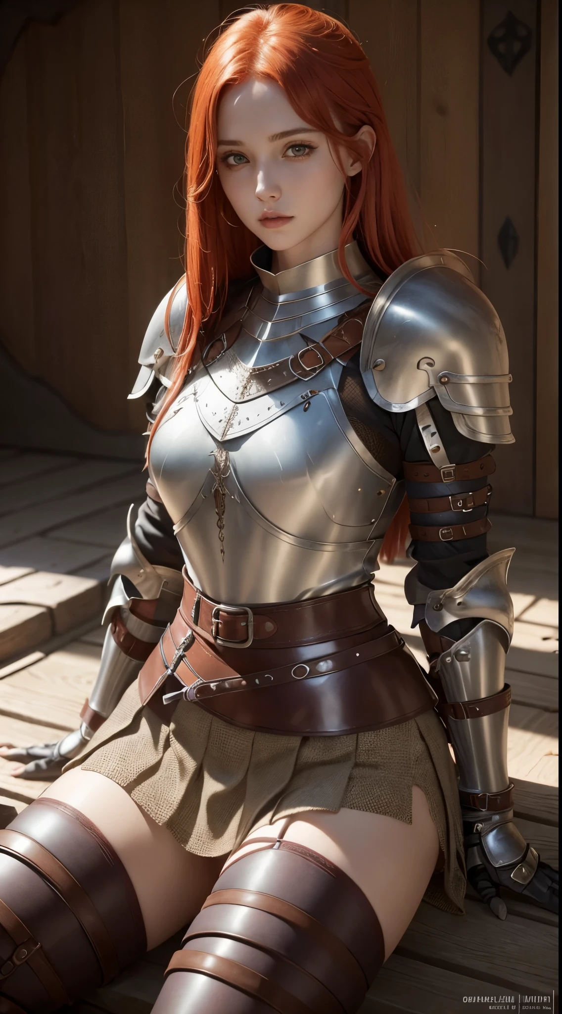 Red-haired warrior girl, young girl, pretty face, thin girl, pretty girl, skinny girl, She's wearing a plate armor, medieval armor, steel breastplate, steel gauntlets, steel gloves, (red miniskirt, sitting), spread her legs, her panties are showing, you can see her panties, underwear, pantyshot, upskirt, (cameltoe), white panties, panties appearing, medieval fantasy, Dungeons and dragons, RPG character, best quality, (masterpiece), 8k
