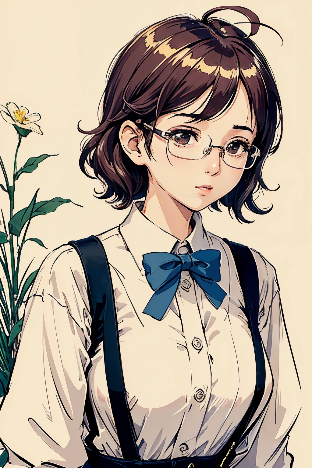 (masterpiece:1.2, highest quality), (dynamic lighting) 1 female, alone, short hair, big breasts, (shiny skin:1.2), Upper body, 片Glasses, Glasses, modern, Wavy cream hair,suspenders, Flowers in the ears, harajuku style, hairpin, ,Ahoge