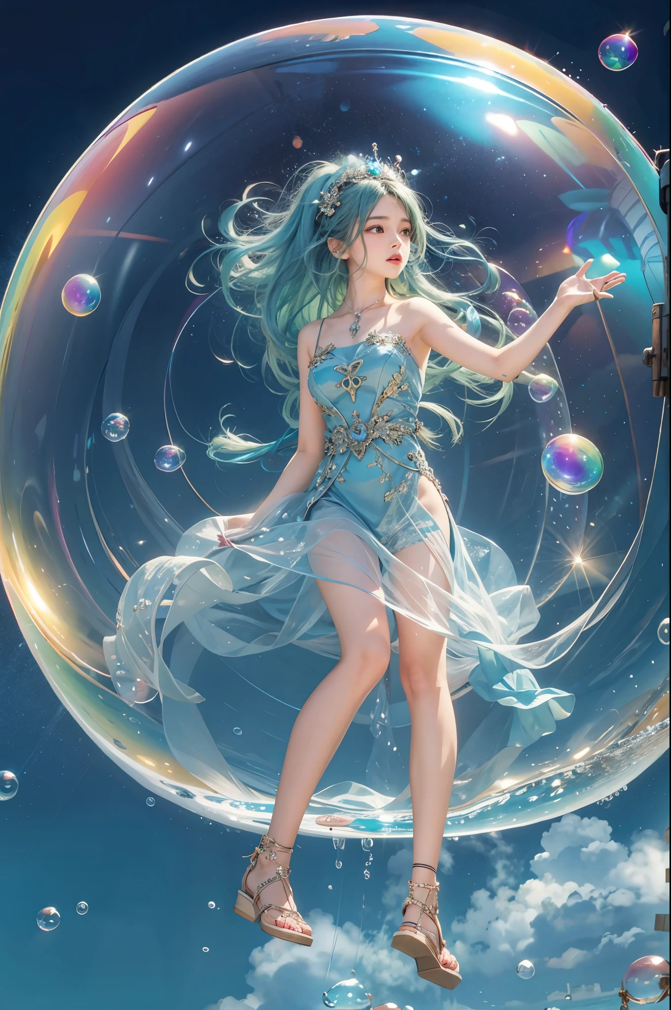 best quality,masterpiec,(((girl inside big soap bubble))),full body,on,((girl in bubble)),in the air,(((wariza in air bubble))),starry sky)),dress,(((wariza))),from afar,((girl inside bubble)),((full body inside bubble)),see-through clothes, medium hair, aqua hair,((from below))