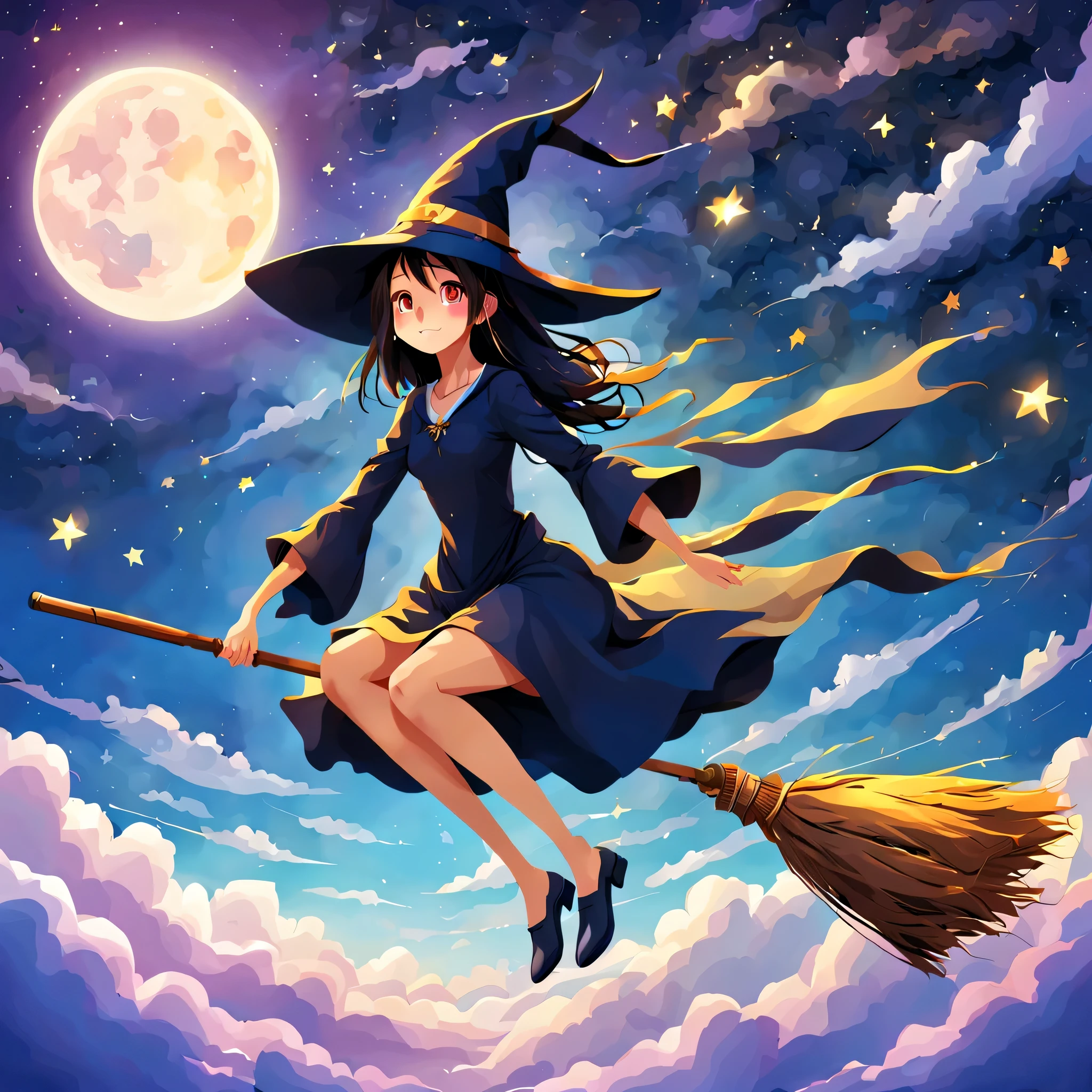 1 girl,Flying Witch,Broom ride,night sky,cloud,star,moon,shine,rich colors,Cast colorful spells,magic effect,be familiar with,beautiful,masterpiece,perfect face,cute,anatomically correct