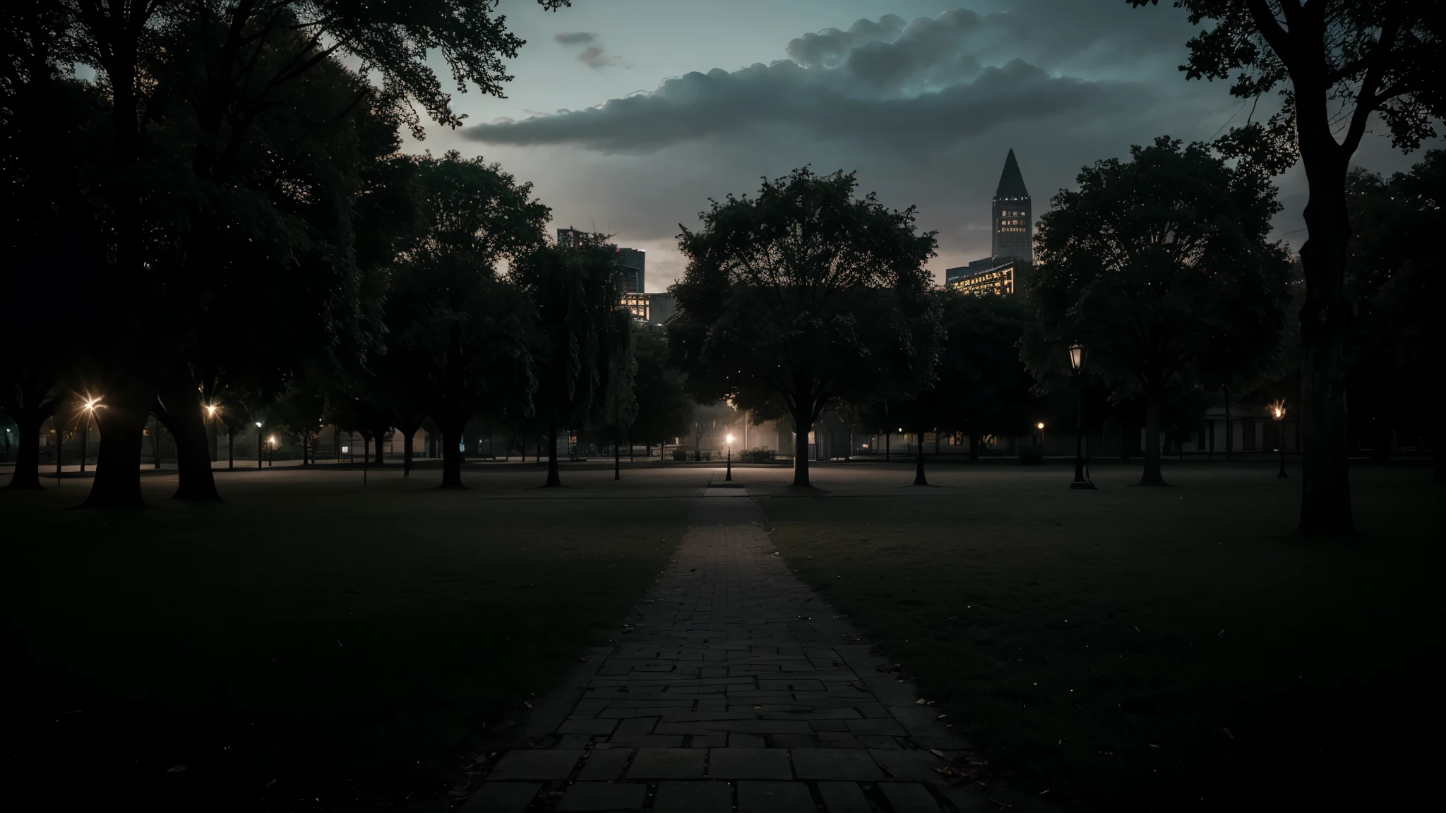 deserted city park, nighttime atmosphere, Hyperdetailed, photography, soft light, realistic, gothic, dark moody atmosphere