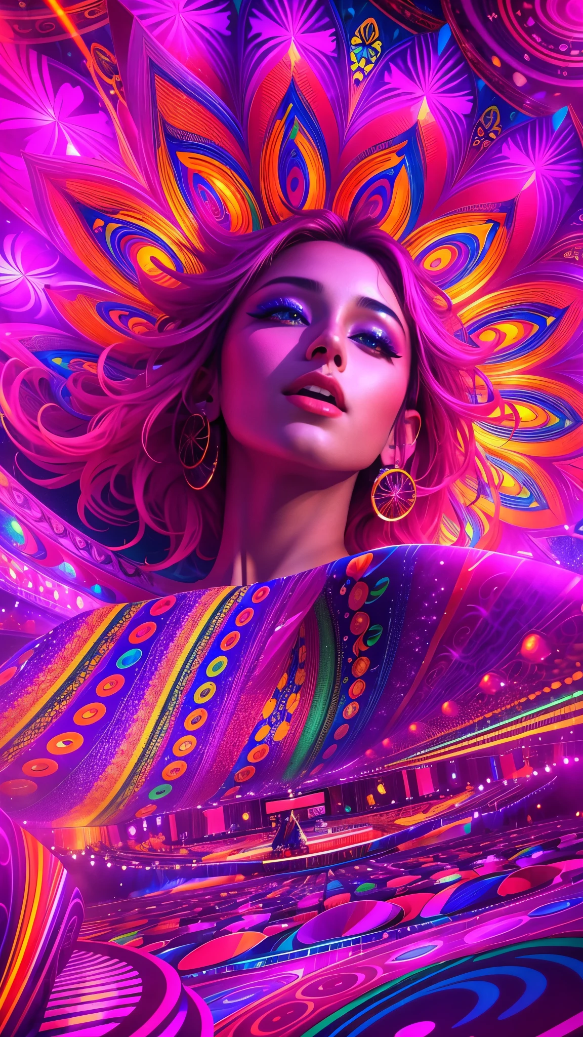 (best quality,4k,8k,highres,masterpiece:1.2),ultra-detailed,(realistic,photorealistic,photo-realistic:1.37), psychedelic music female singer, vibrant colorful stage, mesmerizing performance, swirling lights, ethereal atmosphere, dynamic poses, flowing dress, intricate microphone stand, passionately singing, captivating audience, immersive concert experience, vibrant visuals, glowing neon lights, hypnotic patterns, surreal background, psychedelic effects, dreamlike ambiance, energetic movements, kaleidoscopic visuals, enchanting melodies, magical aura, cosmic vibes, otherworldly presence, mind-bending experience, transcendent performance, magical music journey, mystical aura, radiant energy, alluring voice, enchanting stage presence
