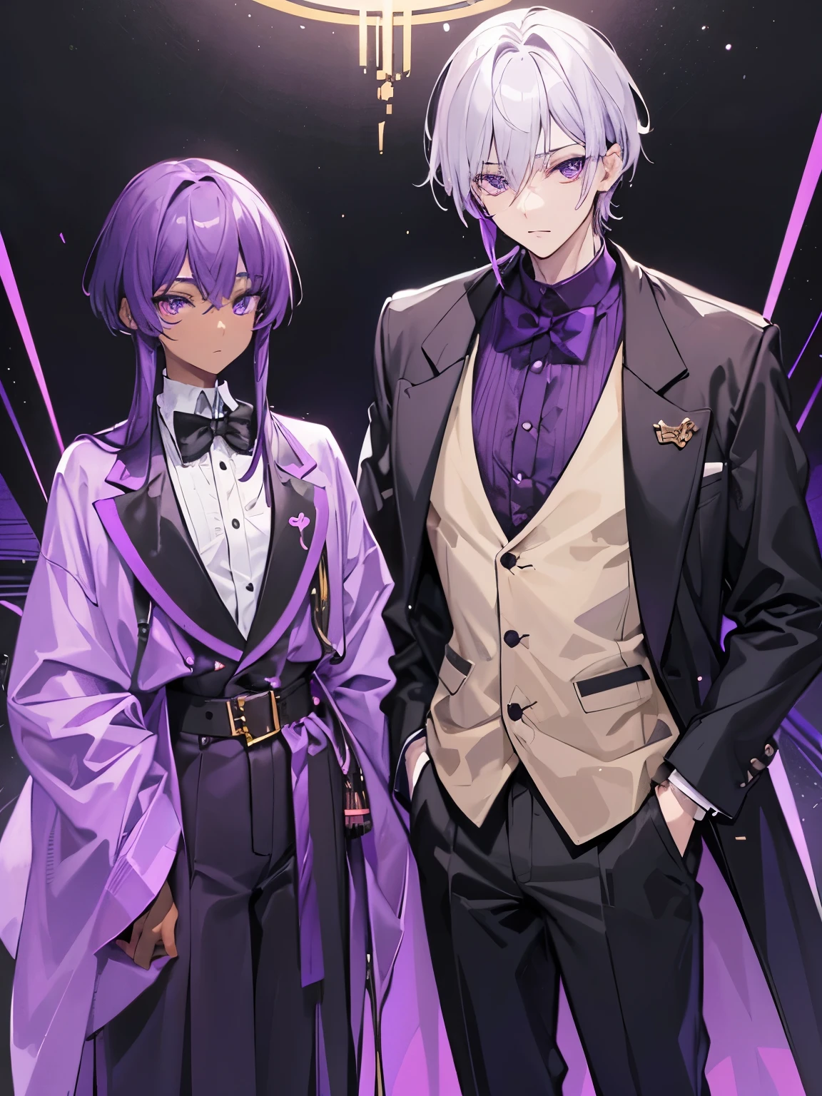 A black skinned, espresso color skin boy with short (about neck length) fluffy, purple (heather purple to mauve purple fade colors) hair, wearing a school uniform like oversize purple shirt with a black tie and golden buttons, and big, oversize sleeves with baggy black, pajama like oversize pants. He has a black coat hanging on his shoulder, he also has heather purple eyes with a lot of eyelashes and a calm expression, as his playing his beige-bisque colored alto flute.