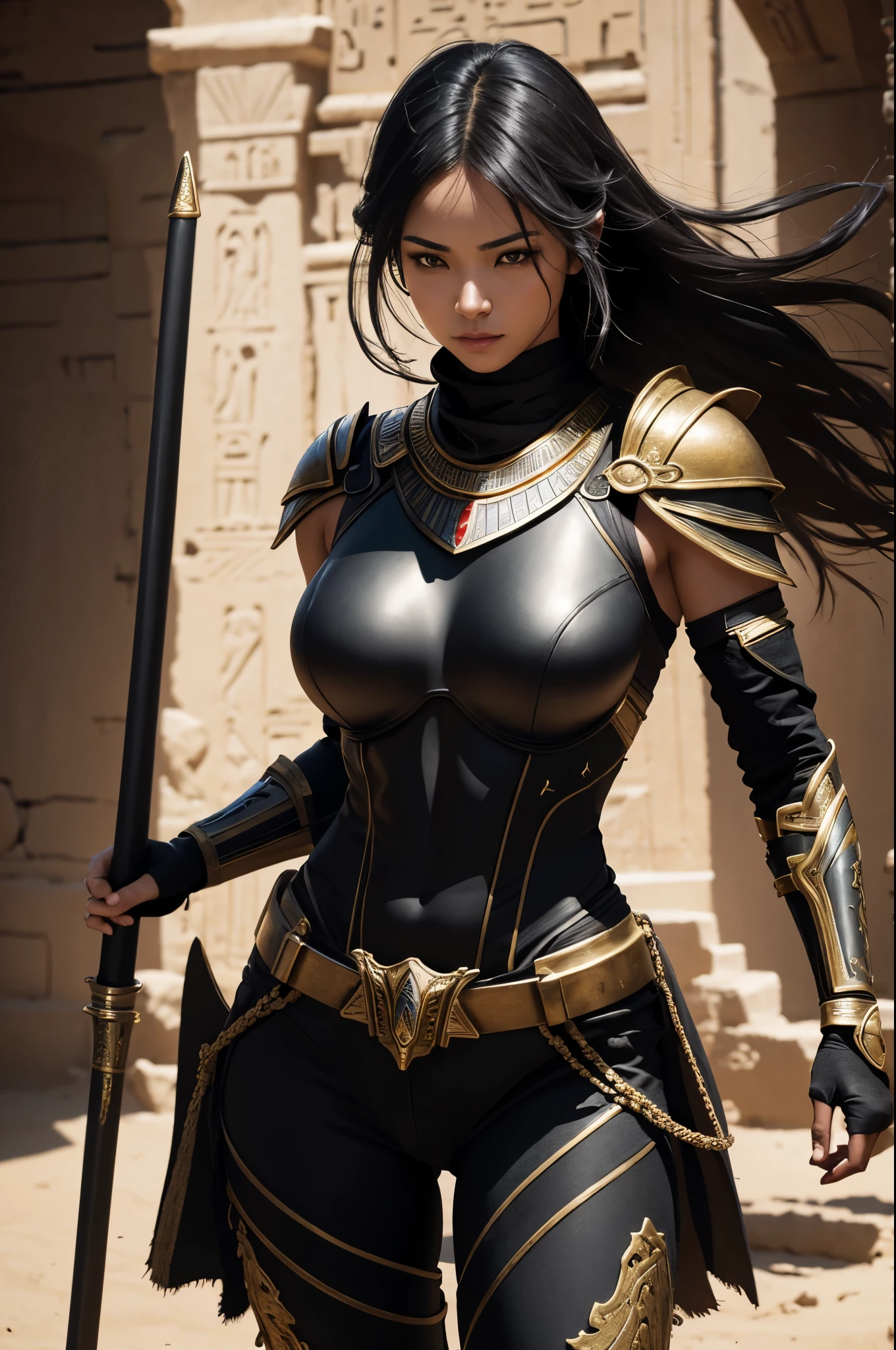 8k,Egyptian female warrior with normal breasts,super beautiful(like the real thing),黒い非常にbig胸部装甲,realistic skin,luxury black pants,big, long black spear,red and white tattoos all over the body(largely),sexy,muscular slim body,ripped abs,black shoulder armor,black waist armor,Black leg armor,masterpiece,Photorealistic RAW photos of the highest quality。bright colors,rich colors, Backlight, cinematic lighting, film grain, to be born, 50mm lens, Nikon D850,realistic skin,fantasy art,character art,Close-up,ultra high resolution,desert, surreal,egyptian goddess,dynamic pose,action scene,fighting pose,