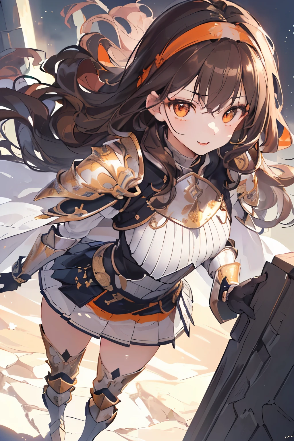 (((1girl))), ((best quality)), ((masterpiece)), ((ultra-detailed)), (illustration), (detailed light), (an extremely delicate and beautiful), (beautiful detailed eyes), (sunlight), ((extremely light)), ((extremely clothes)), (((hyper detail))),(((((front lighting))))),(((((front light))))),
((((quite adorable and heavy-armor with a pleated skirt and robe and headband)))),
((((Paladin)))),
,
(((wavy long hair))), ((((dark brown hair)))), ((((long hair)))),
(((deep orange eyes))),
((((whole body)))), aged 5 to 8, ((((())))), ((((very adorable young girl)))),
((condescending expression)), ((mischievous smile with sexual satisfaction)), (((extra adorable))), (((((extra slender shape))))),
(((((extremely beautiful detailed face))))),
(((bravely standing with a long-sword))),
(((elegant boots))),
(Dutch angle), (((elegant gloves))), ((transparent magical underskirt)), ((a little bit exposed adorable magical panties))