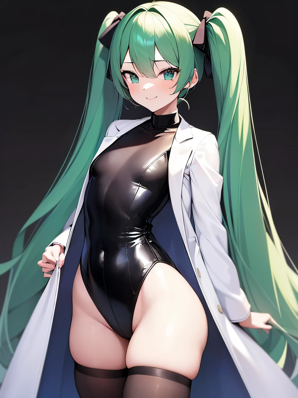 (masterpiece, best quality, absurdres, ultra-detailed:1.3), 1girl, solo, (flat chest, narrow waist, wide hip, thick thigh:1.3), hatsune miku, green hair, long hair, twintails, hair bow, white coat, lab coat, open coat, leotard under clothes, black leotard, shiny leotard, strapless leotard, highleg, black pantyhose, thighhighs, smile, seductive pose, black background