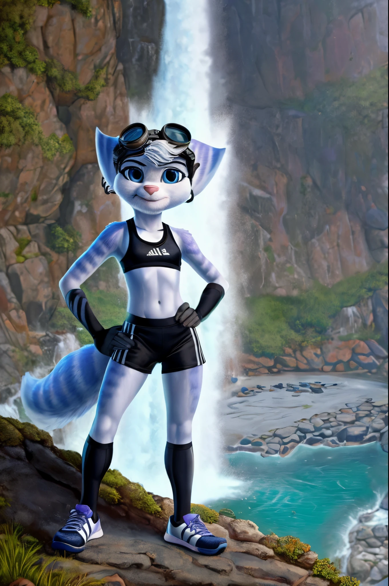 Rivet, tail, furry girl, young,adidas nylon gym shorts, adidas nylon sports bra , adidas sports shoues, giant waterfall in the background, evening sun in the background, on cliff, detailed body fur, detailed body, detailed eyes, detailed face, wet fur, skinny, high quality, masterpiece, small breasts, goggles, :D, looking at you, full body,