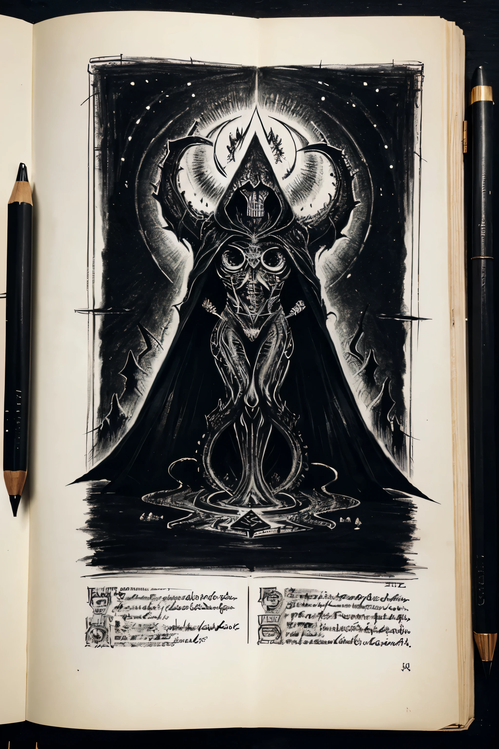 drawing on yellowish paper, ominous symbols, Sinister creature, beyond consciousness, defy logic, Black lines, description in unknown language, call page, boundless horror, sketch illustration of dangerous abomination, description of the summoning ritual, a page from the Necronomicon, black-and-white drawing, entire page in unknown horror symbols, page of the book of the dead, old book, yellow page from old age