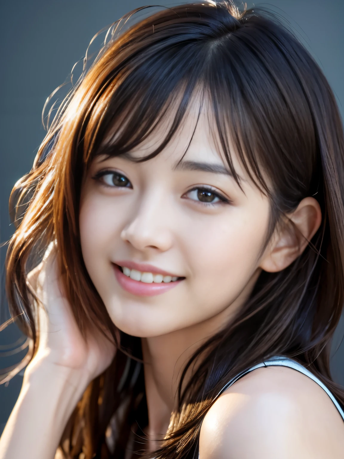 8k uhd,RAW photo,a japanese beauty idol,(real person:1.3),(highres:1.4),(detailed:1.5),(realistic:1.7),
masterwork,RAW photo,art portrait photography,real person,RAW photograph,ultra high res,photorealistic,best quality,(high detailed skin,skin details),shiny skin,masterpiece,absurdres,finely detail,colorized, an extremely delicate and beautiful,extremely detailed 8K wallpaper,8k high quality,film grain,beautiful girl with beautiful details,(looking at viewer),professional photography lighting,extremely detailed eyes and face, eyes with beautiful details,analog style,cute and playful,adorable,medium hair, messy hair,asymmetrical bangs,smile,