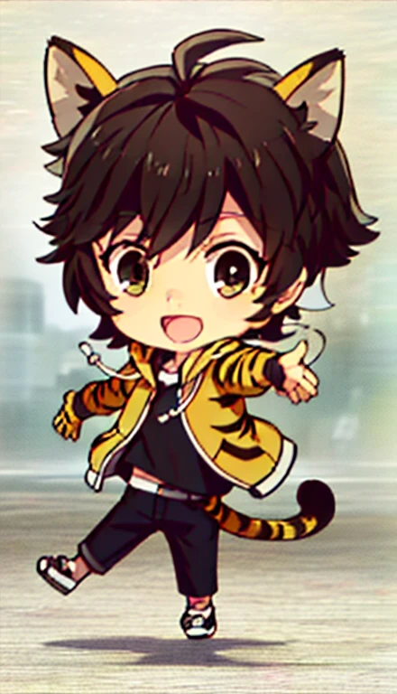 (1 male), (Shota), (HD quality, masterpiece level), (chibi), Characters in their twenties, The expression is a smile, black and yellow striped hair, black eye, (Tiger ears), (tiger tail), (no ears), (Little men), (Ears are covered), (berry short cut hair), face camera, tachi-e,