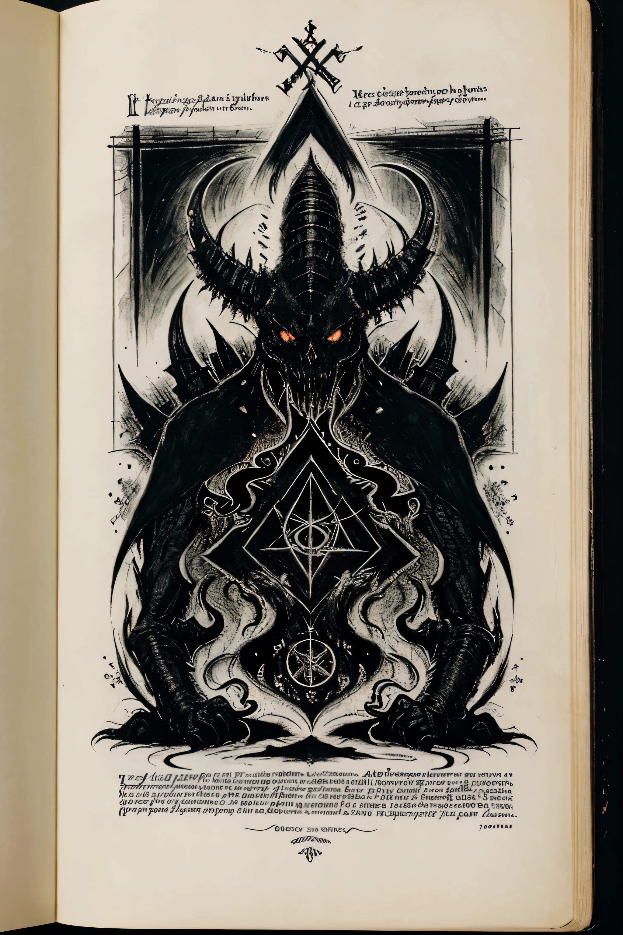 drawing on yellowish paper, ominous symbols, Sinister creature, beyond consciousness, defy logic, Black lines, description in unknown language, call page, boundless horror, sketch illustration of dangerous abomination, description of the summoning ritual, a page from the Necronomicon, black-and-white drawing, entire page in unknown horror symbols, page of the book of the dead, old book, yellow page from old age