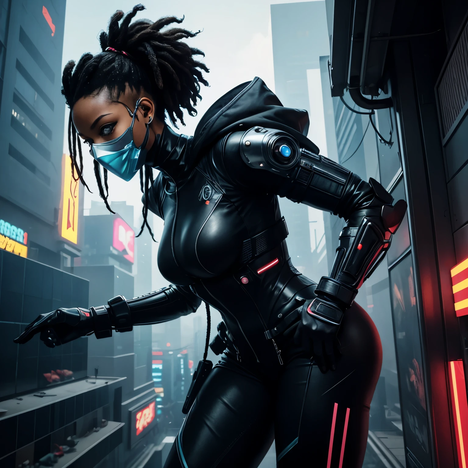 Femme noire, sweat à capuche, dreadlocks, cheveux blancs, latex, sur le toit, Android, néons, Cyberpunk city, hyper réaliste, meilleure qualité, mécha, androïde, Cyberpunk, Cyber, Science-fiction, Cyber armor, Style évangélique, Cyber arm, corps musclé, Cyber gaz mask on, holding a Cyber gun, Futuristic Cyberpunk city,