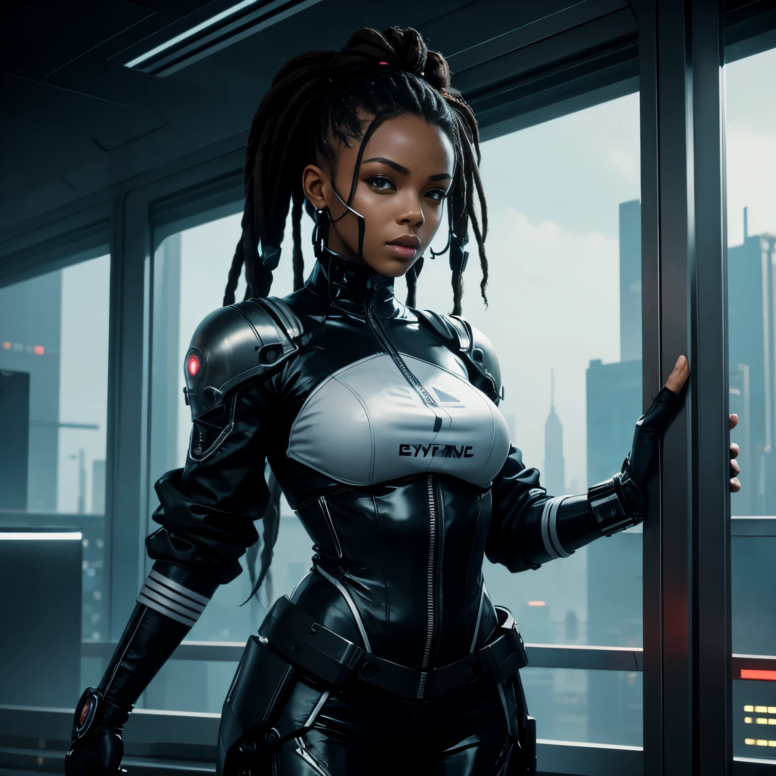 Femme noire, sweat à capuche, dreadlocks, cheveux blancs, latex, sur le toit, Android, néons, Cyberpunk city, hyper réaliste, meilleure qualité, mécha, androïde, Cyberpunk, Cyber, Science-fiction, Cyber armor, Style évangélique, Cyber arm, corps musclé, Cyber gaz mask on, holding a Cyber gun, Futuristic Cyberpunk city,