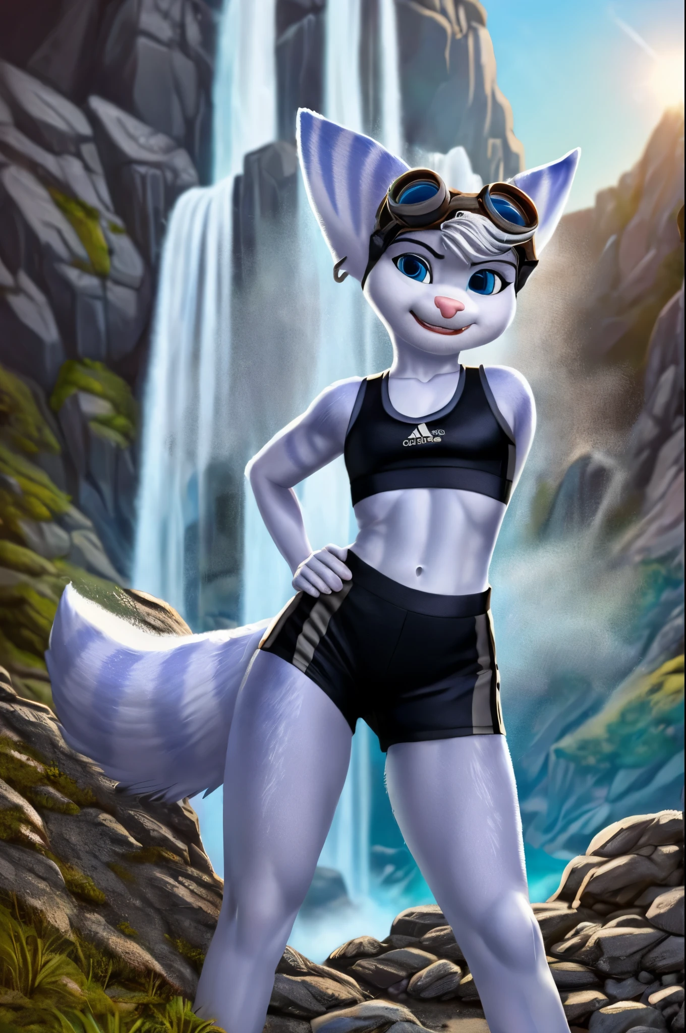 Rivet, tail, furry girl, young,adidas nylon gym shorts, adidas nylon sports bra , adidas sports shoues, giant waterfall in the background, evening sun in the background, on cliff, detailed body fur, detailed body, detailed eyes, detailed face, wet fur, skinny, high quality, masterpiece, small breasts, goggles, :D, looking at you, full body,