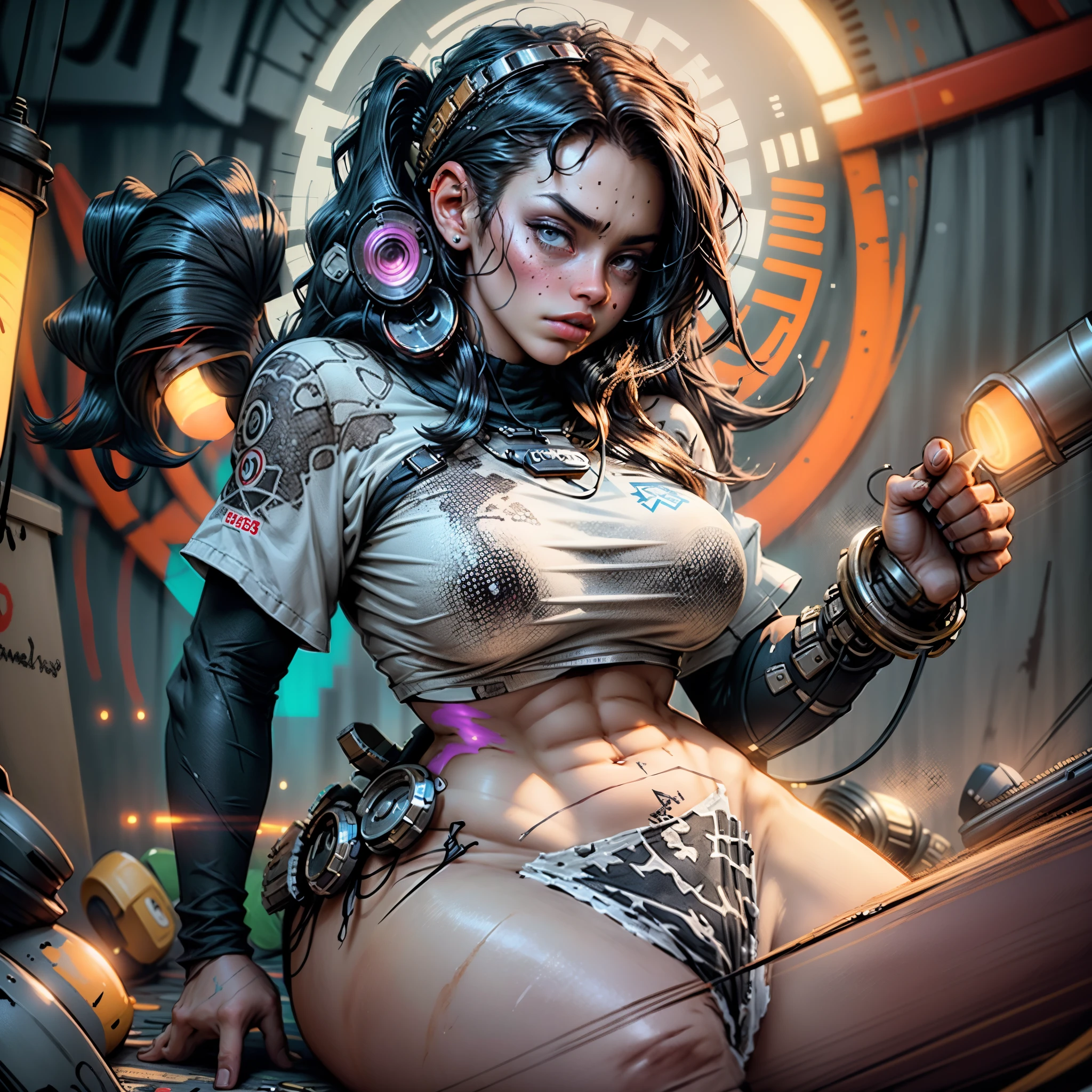 (best quality,4k,8k,highres,masterpiece:1.2),ultra-detailed, Woman body defined thick thighs cybernetic body parts, ropa interior corta ,tetas grandes muy grandes tetas ,Postura de yoga dog style, HDR, 8k, absurdres, cinestill 800, sharp focus, add_detail:2, (solo, woman) Blade Runner Los Angeles, distopian cyberpunk city at night, gyaru, 