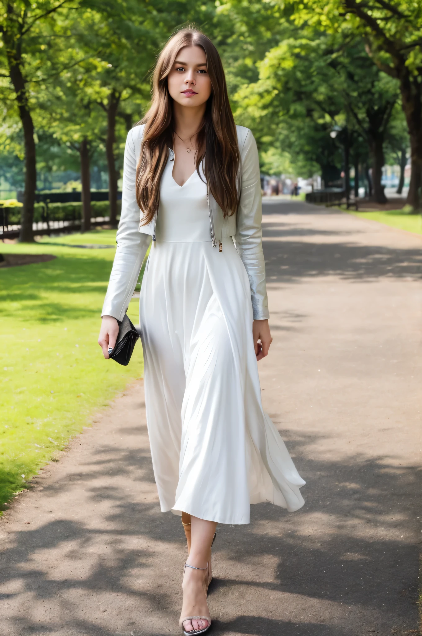 Longs cheveux bruns, yeux verts, visage innocent, portant une robe longue blanche jusqu'aux chevilles, (marcher dans un parc) veste en cuir noir, sac à main noir, belle peau et visage, visage ultra naturel, porter une montre en argent