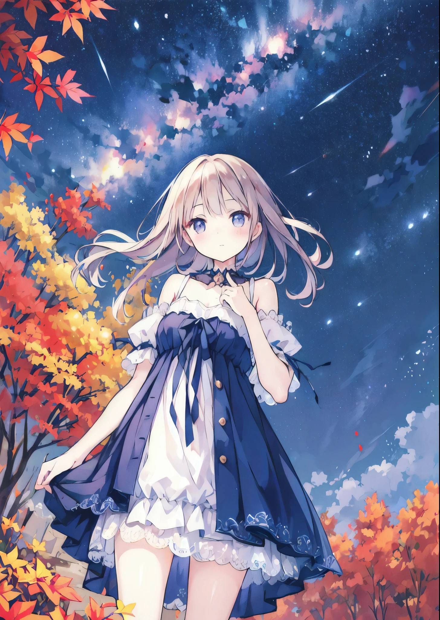 amorphous dress, soft smile, starry sky, autumn