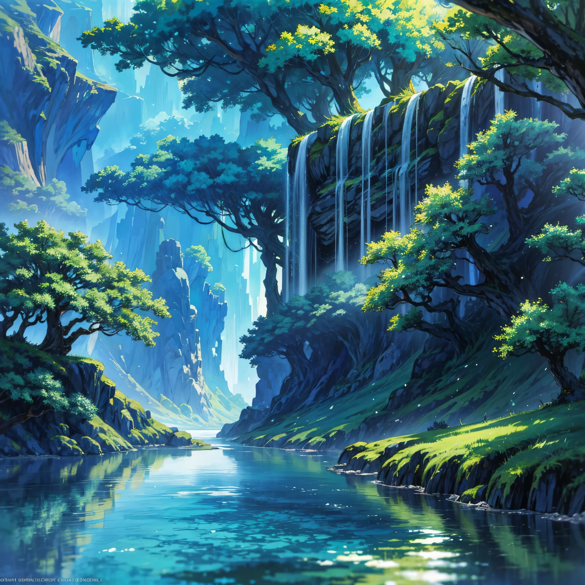Masterpiece, better quality, anime, Aqua, Naked, blue slime, fantasy landscape