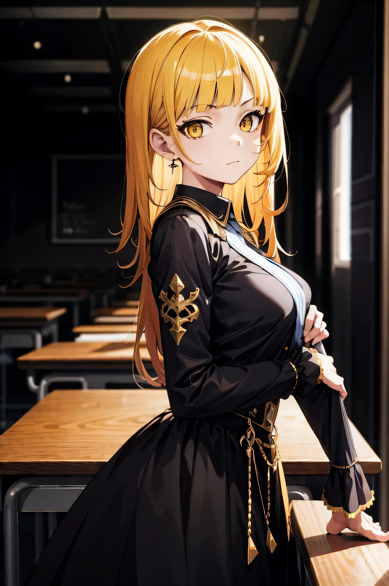 (absurd, High resolution, Super detailed), 1 girl, alone, mature, baroque, long skirt, long sleeve, elegant, colorful, most detailed, Upper body, nice,yellow eyes,During class,in front of the desk,