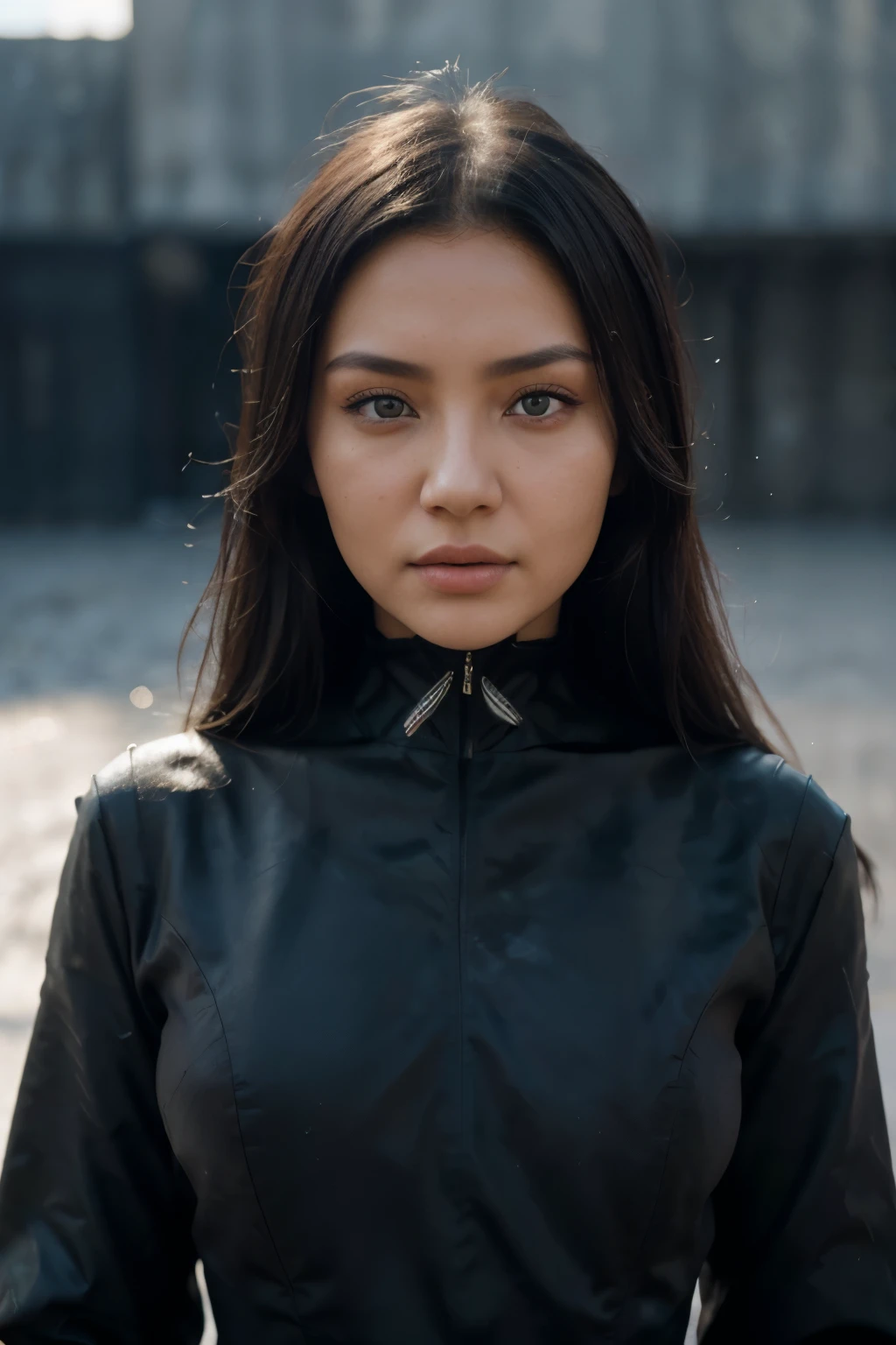 Photo of a woman, face portrait photo of beautiful kazakh woman(sympatethic expression), lovely model face, , face looking flat into the camera, ultra textured skin, goosbumps, wearing black dress, perfect eyes, ((harsh light:1.4)), Velvia 100 color, shot on Blach Magic, bokeh, focus on the subject, shot by Manuela Marques